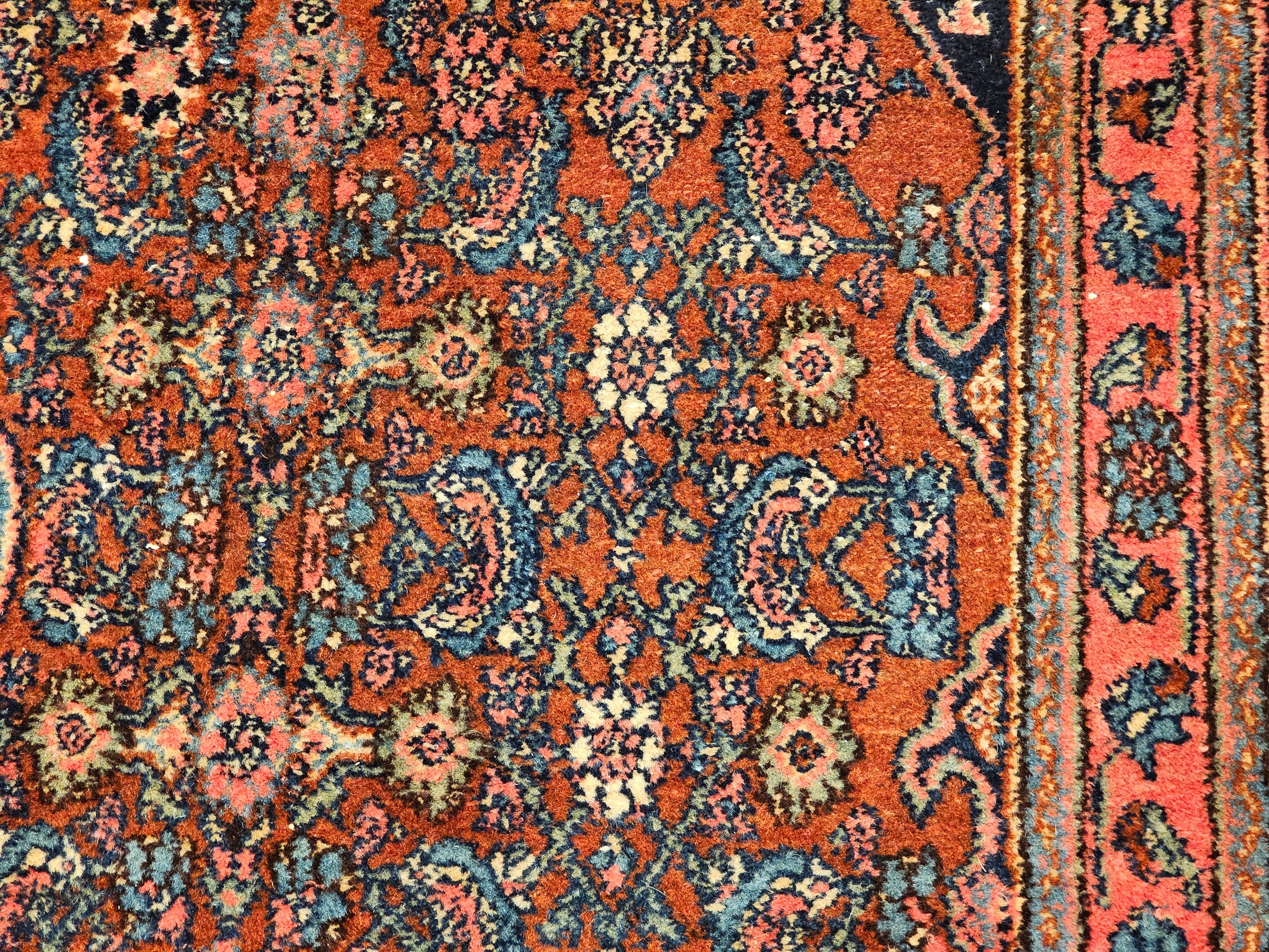 Early 1900s Persian Bibikabad in Herati Pattern in Rust Red, French Blue, Green For Sale 5