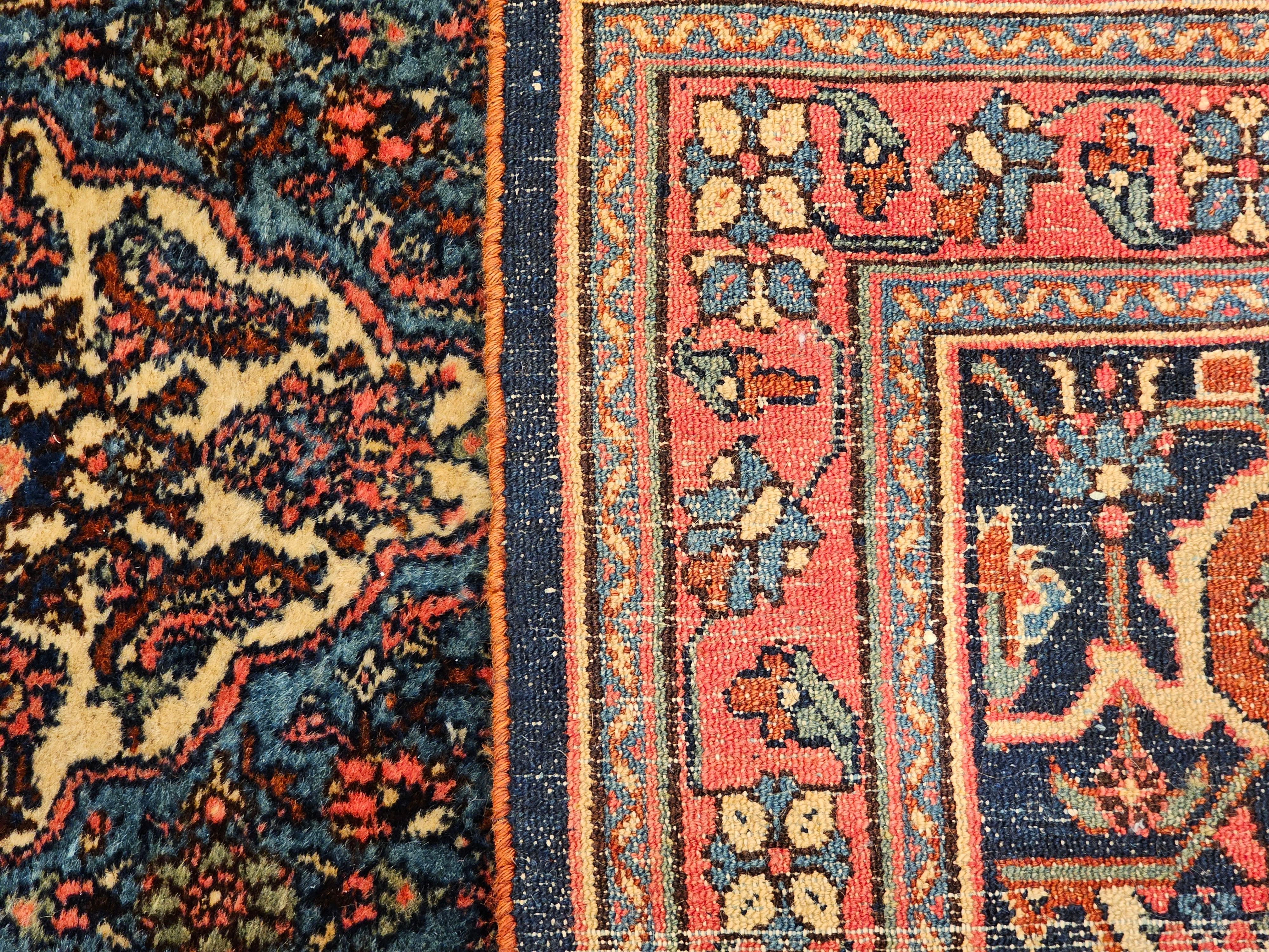 Early 1900s Persian Bibikabad in Herati Pattern in Rust Red, French Blue, Green For Sale 13