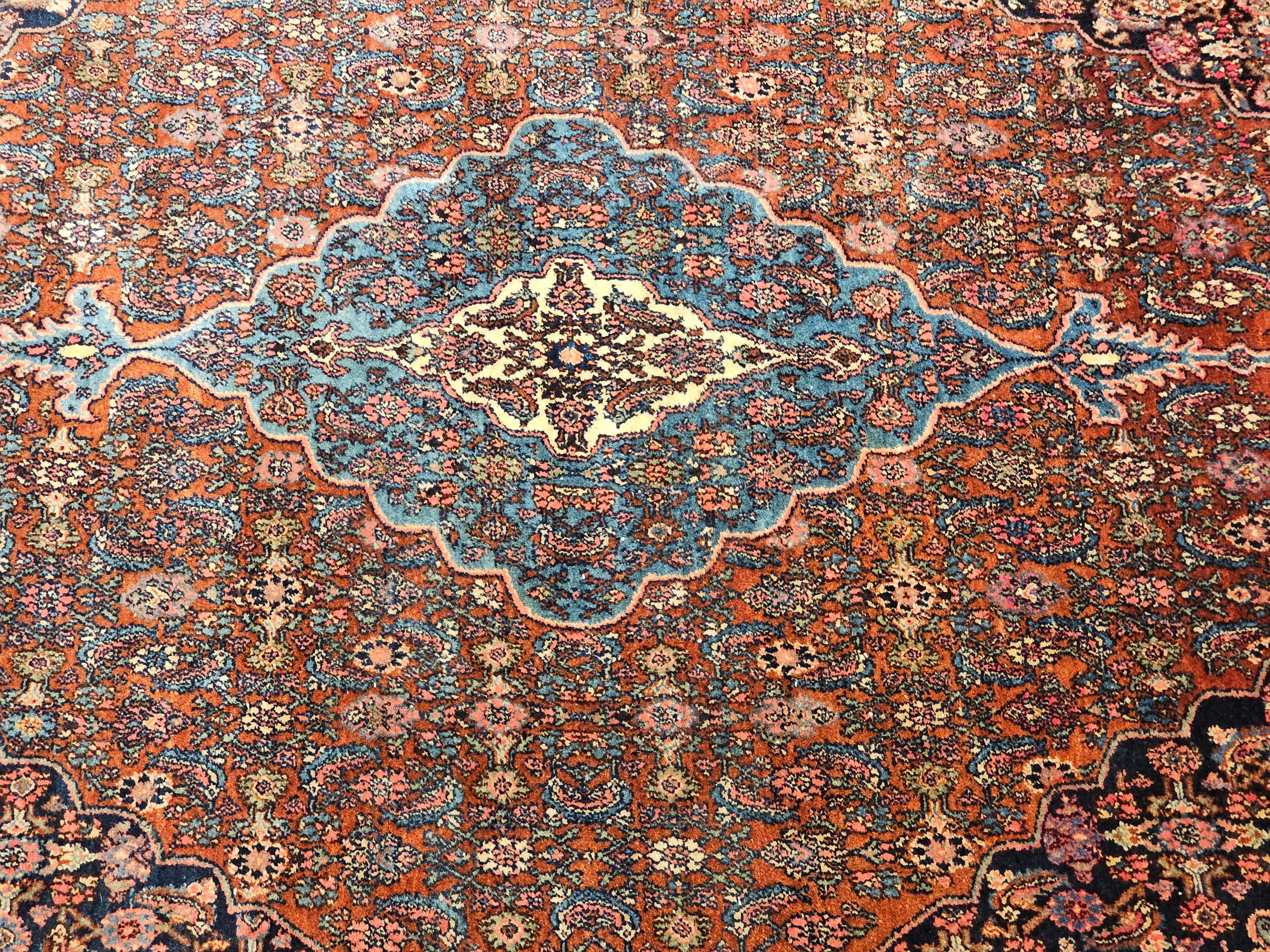 Early 1900s Persian Bibikabad in Herati Pattern in Rust Red, French Blue, Green For Sale 1