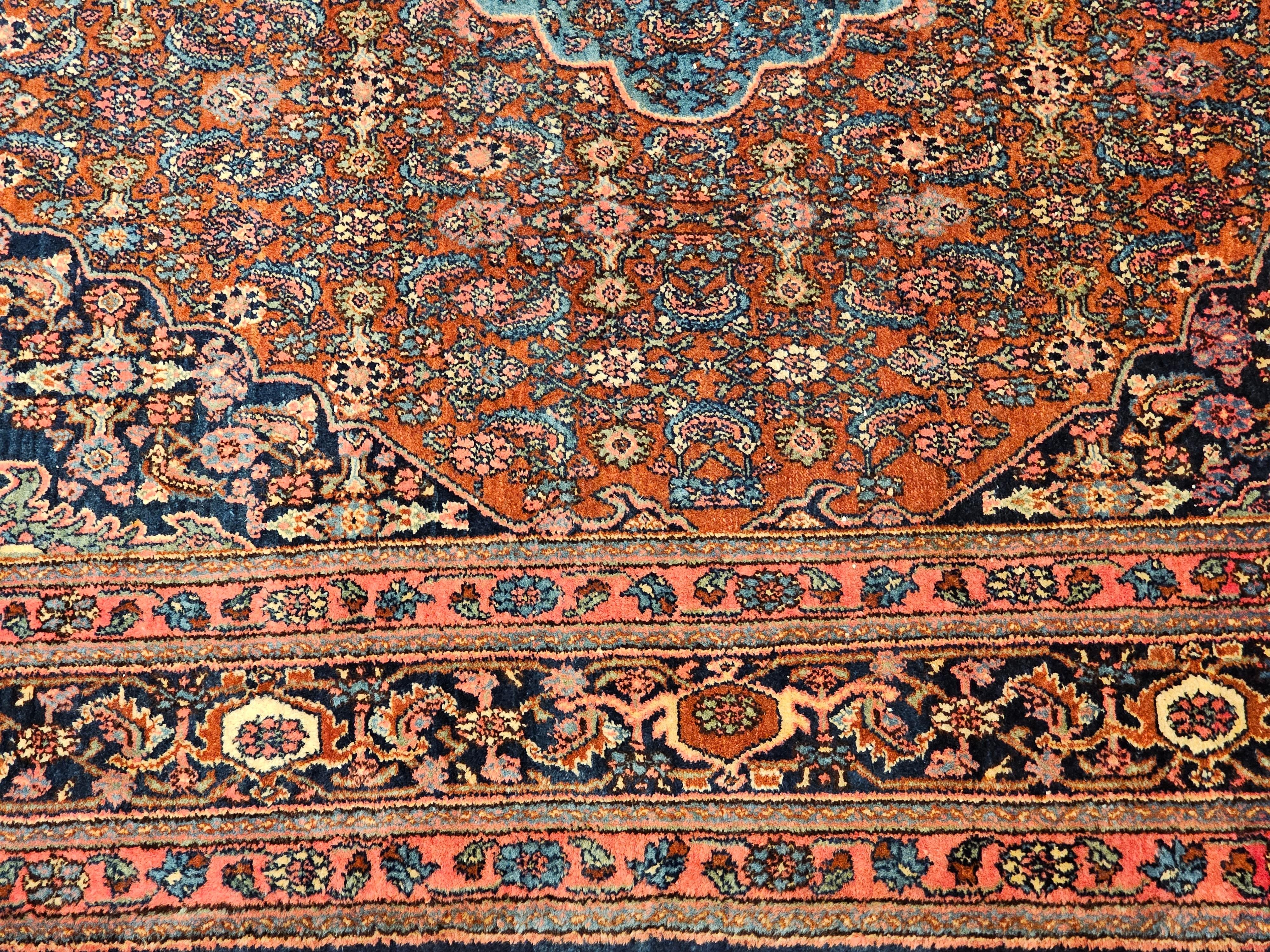 Early 1900s Persian Bibikabad in Herati Pattern in Rust Red, French Blue, Green For Sale 2