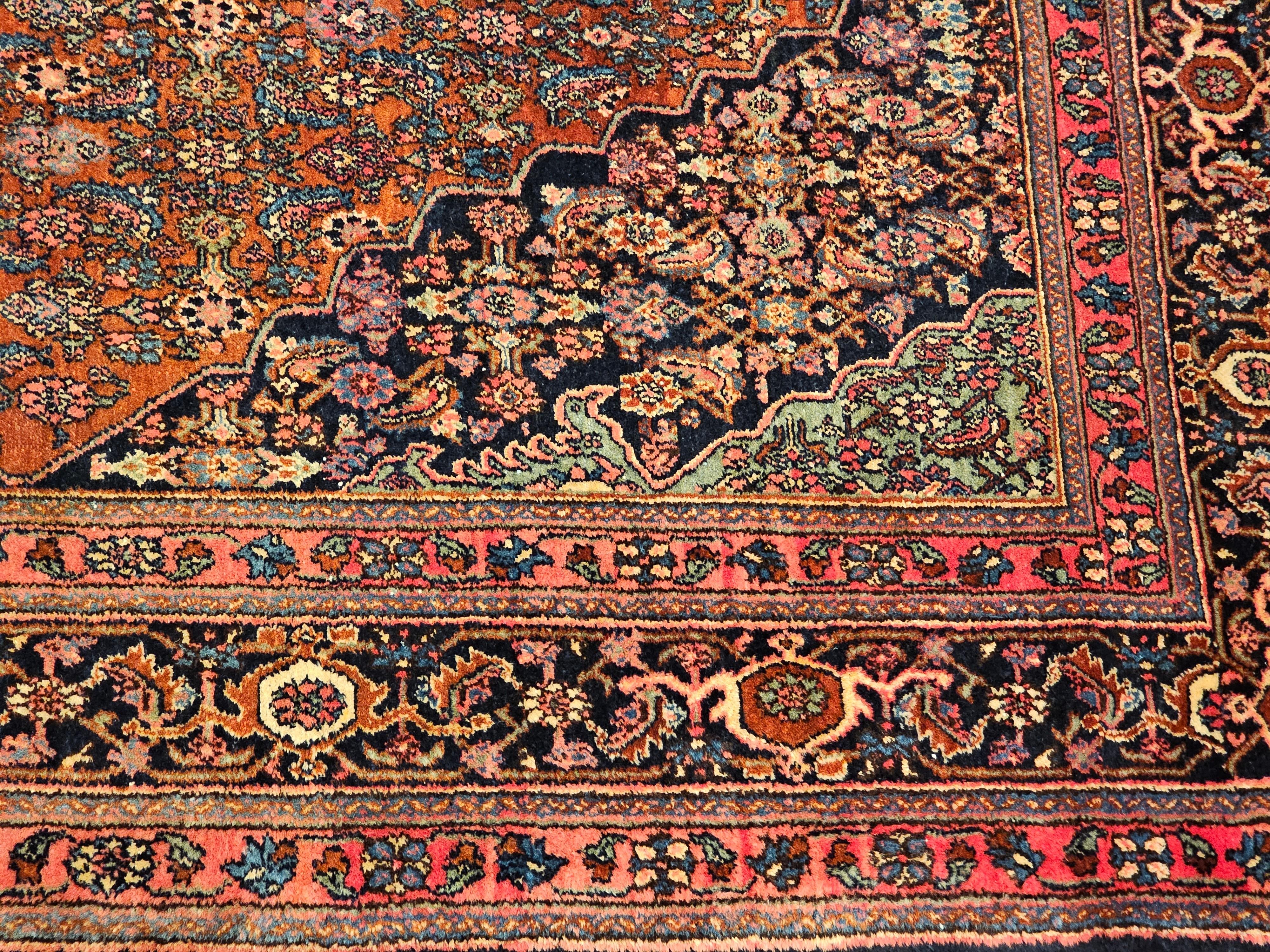 Early 1900s Persian Bibikabad in Herati Pattern in Rust Red, French Blue, Green For Sale 3