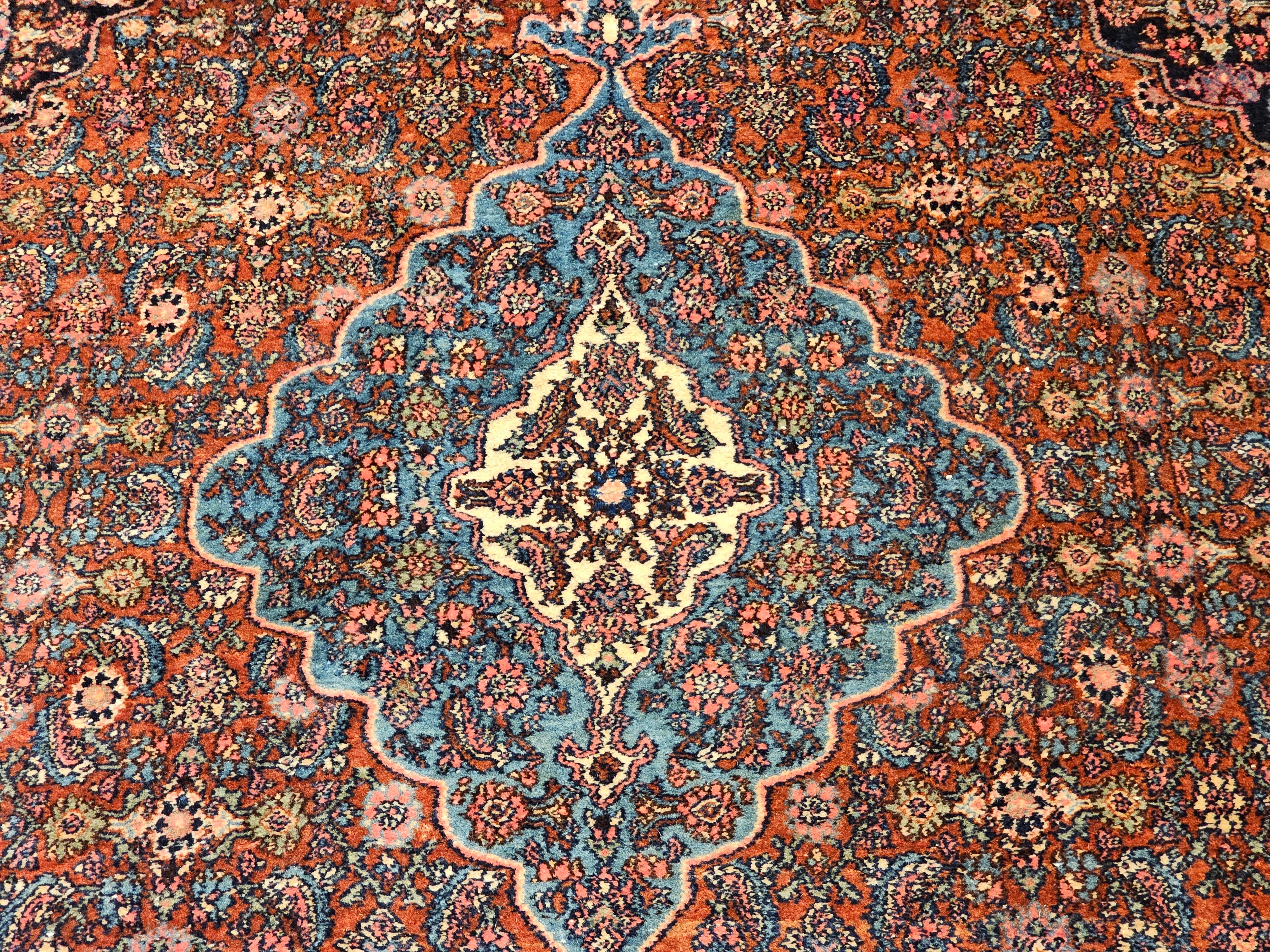 Early 1900s Persian Bibikabad in Herati Pattern in Rust Red, French Blue, Green For Sale 4