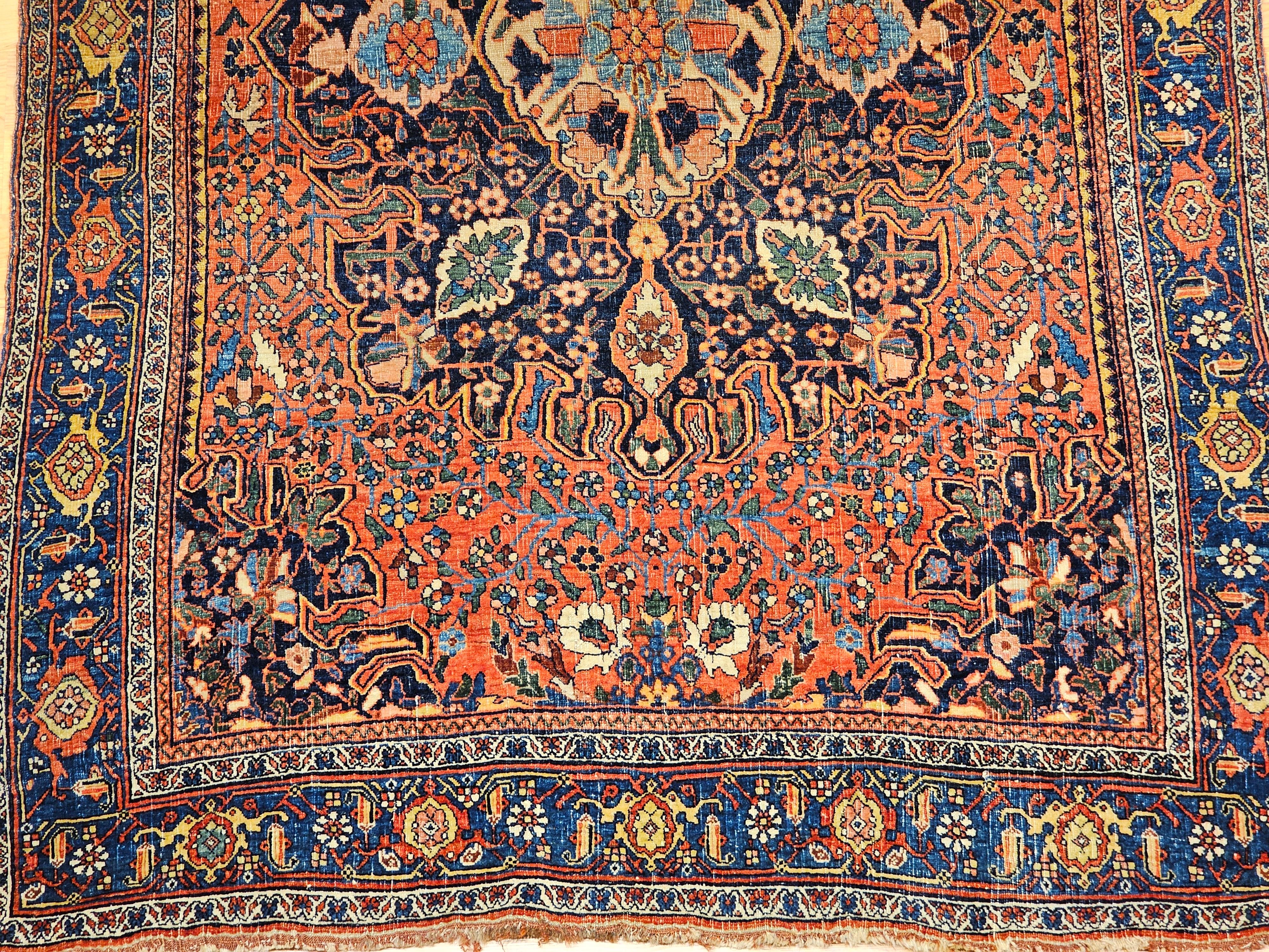 Vegetable Dyed Early 20th Century Persian Bidjar in Red, French Blue, Ivory, Yellow, Navy For Sale