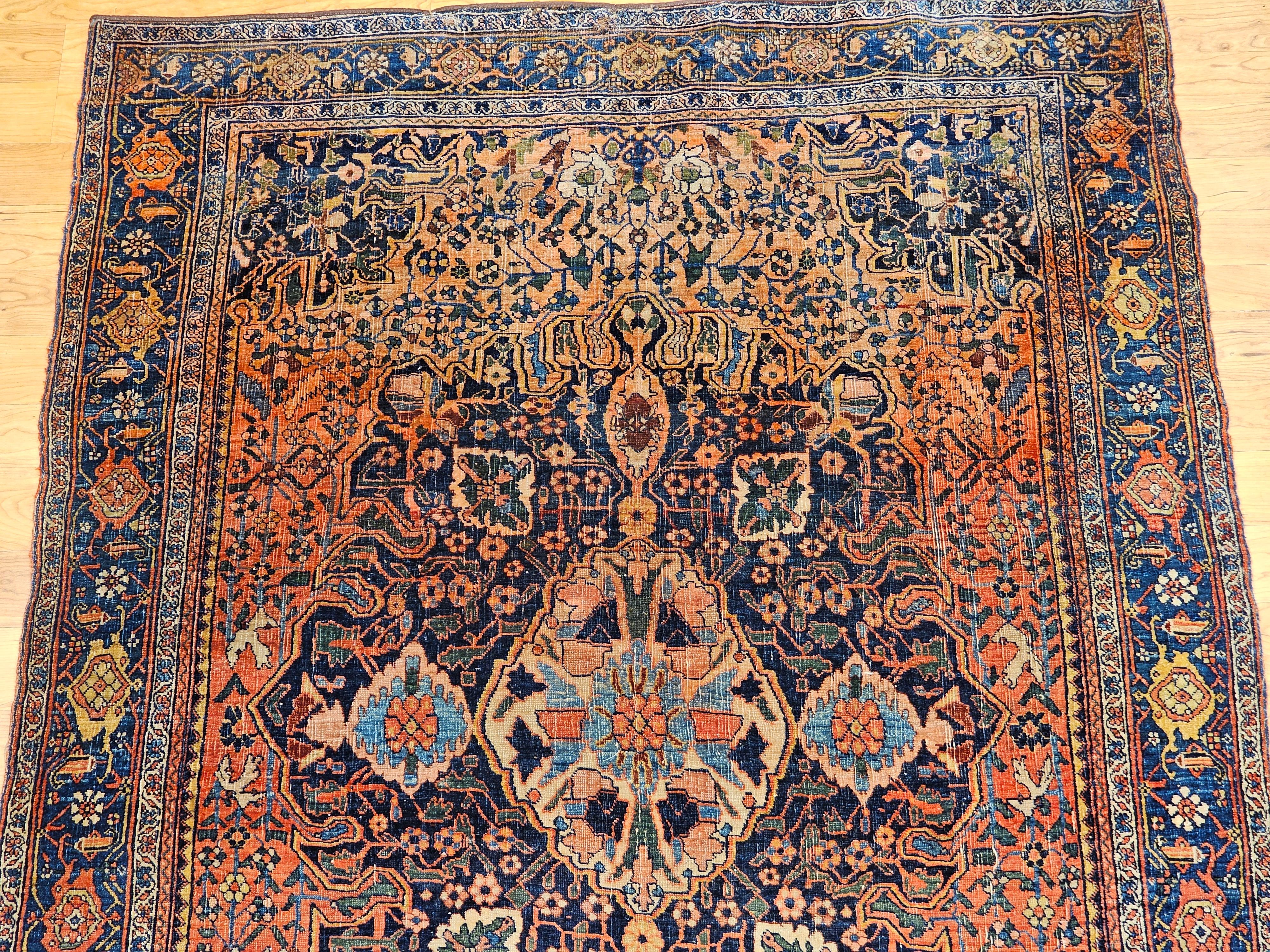 Wool Early 20th Century Persian Bidjar in Red, French Blue, Ivory, Yellow, Navy For Sale