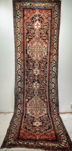 Vintage Persian Bidjar Wide Runner in Geometric Pattern in Navy, Ivory, Rust