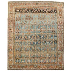 Antique Early 20th Century Persian Handmade Room Size Carpet in Blue-Grey and Coral