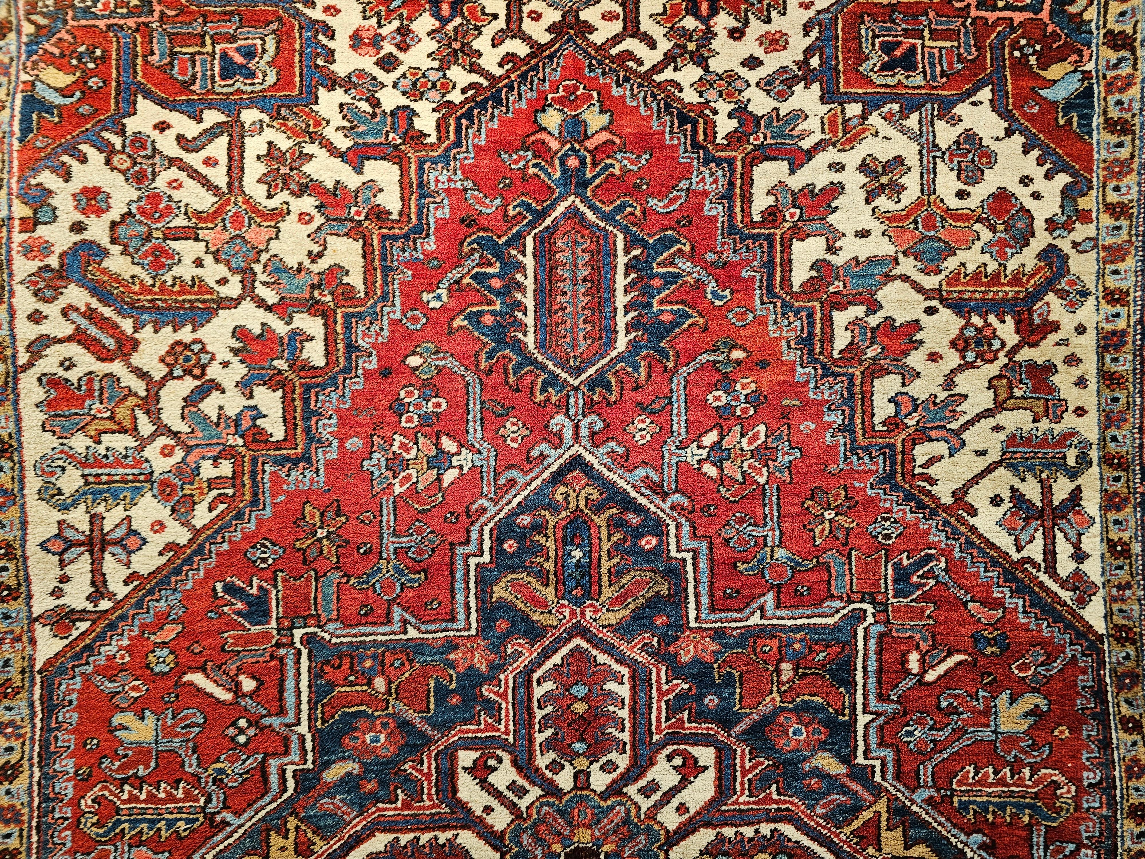 Early 20th Century Persian Heriz in Red, Navy, French Blue, Ivory, Pink, Yellow For Sale 1