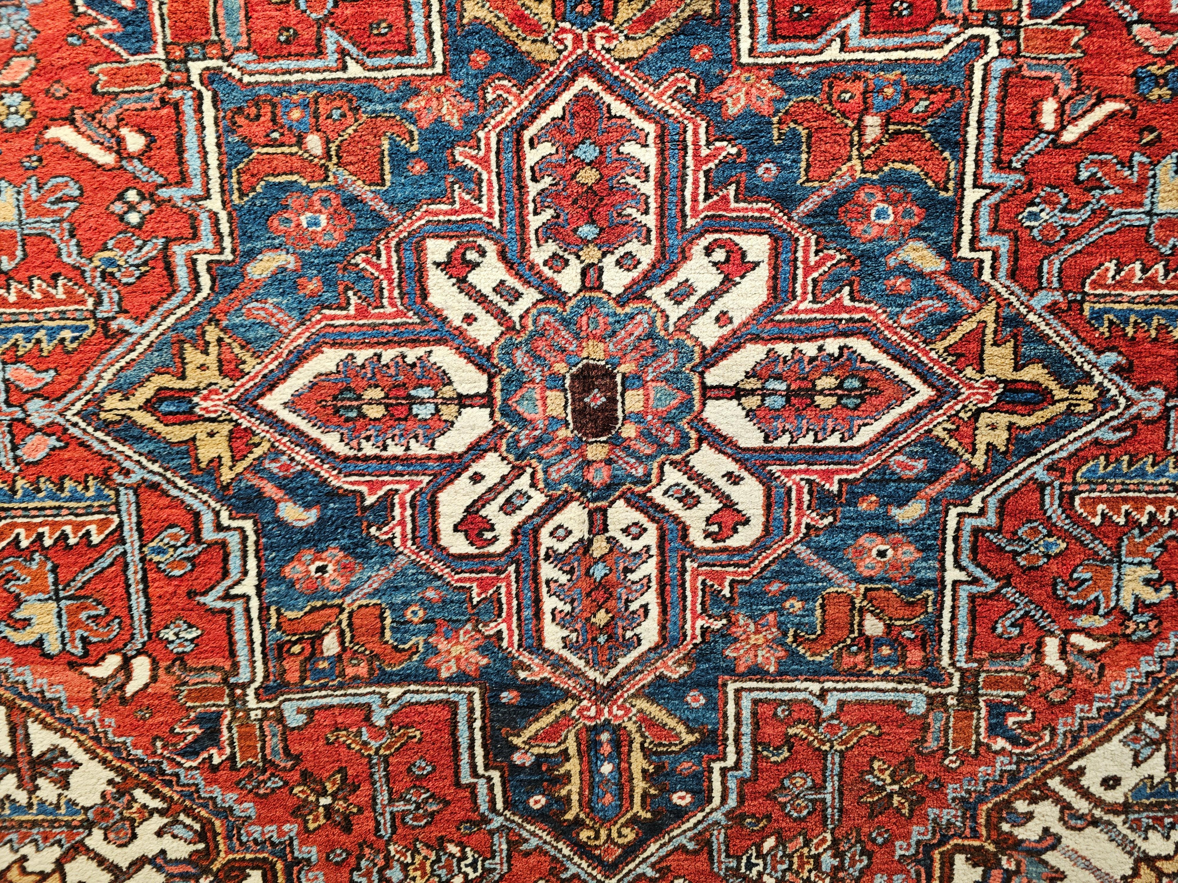 Early 20th Century Persian Heriz in Red, Navy, French Blue, Ivory, Pink, Yellow For Sale 2