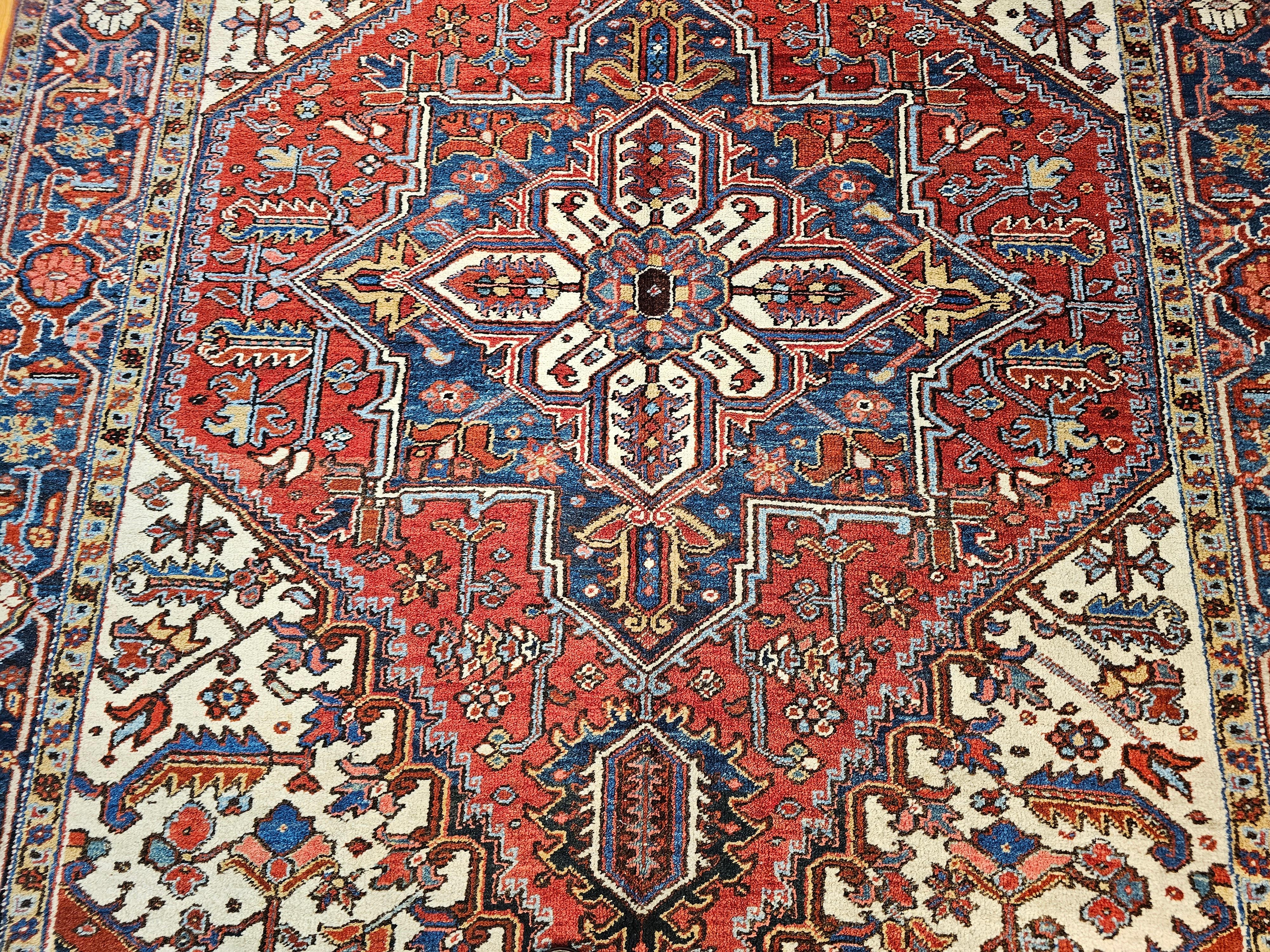 Early 20th Century Persian Heriz in Red, Navy, French Blue, Ivory, Pink, Yellow For Sale 4