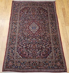 Antique Persian Kashan Area Rug, Hand-Knotted Wool, Floral Design, 1920s