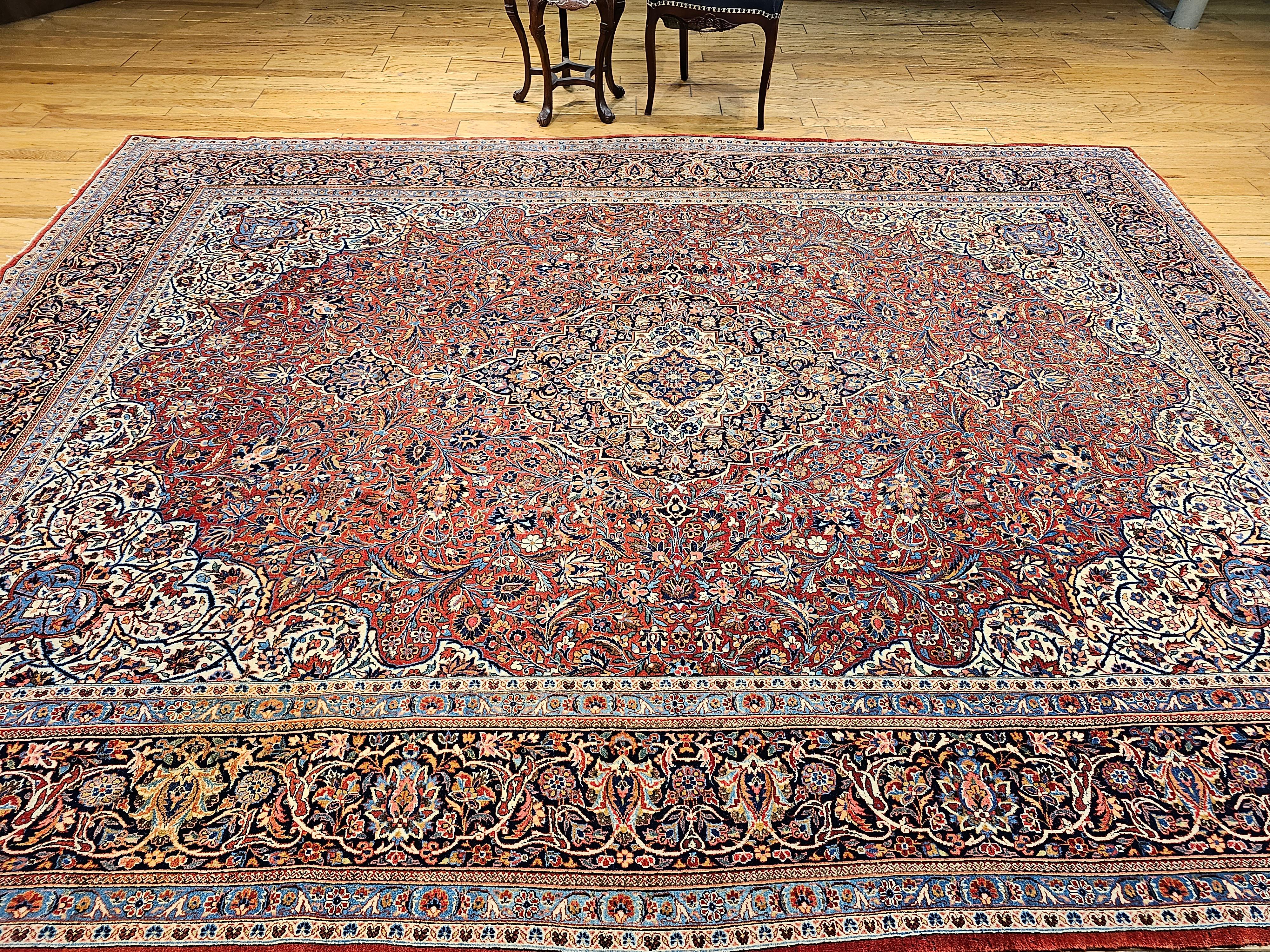 Persischer Kashan des frühen 20. Jahrhunderts in Rot, Elfenbein, Französisch Blau mit Blumenmuster im Angebot 8