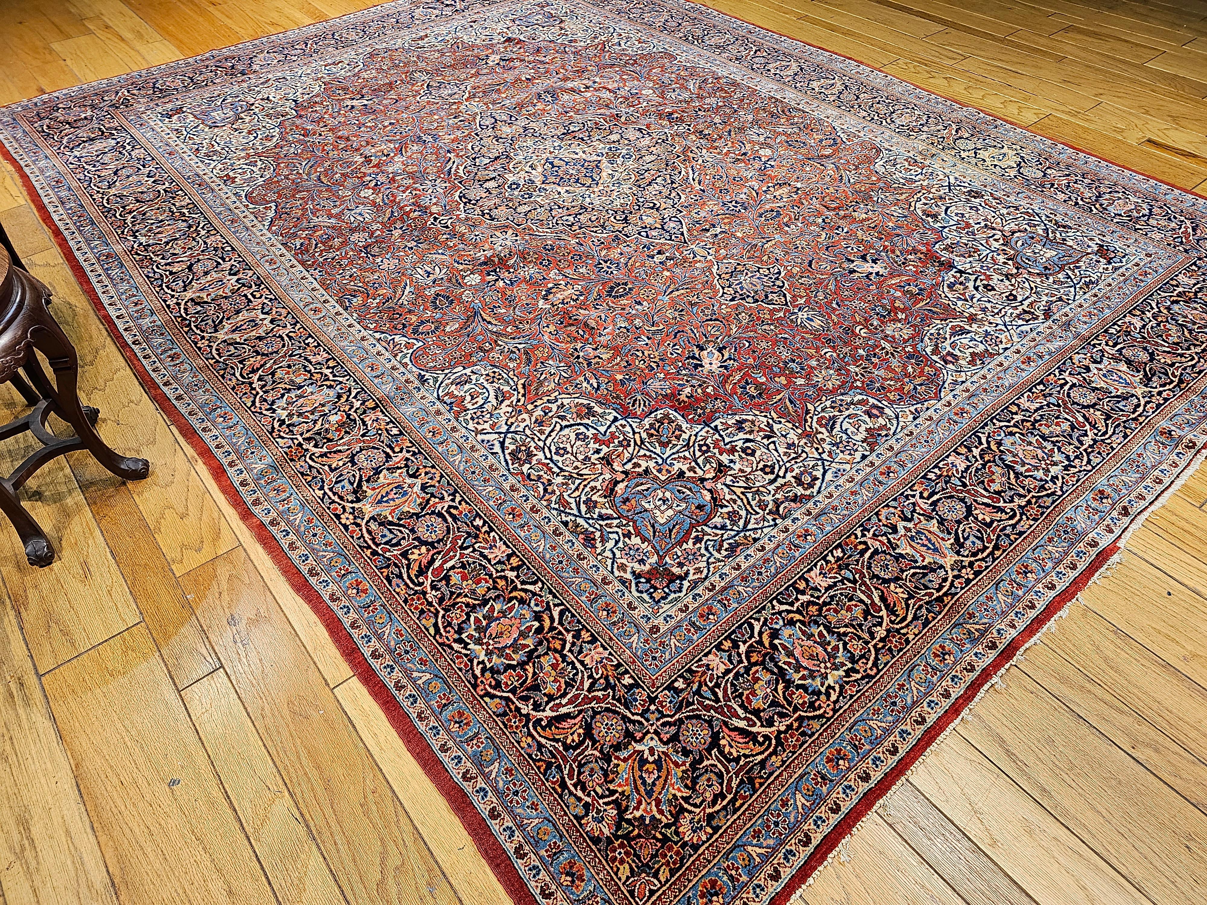 Persischer Kashan des frühen 20. Jahrhunderts in Rot, Elfenbein, Französisch Blau mit Blumenmuster im Angebot 9