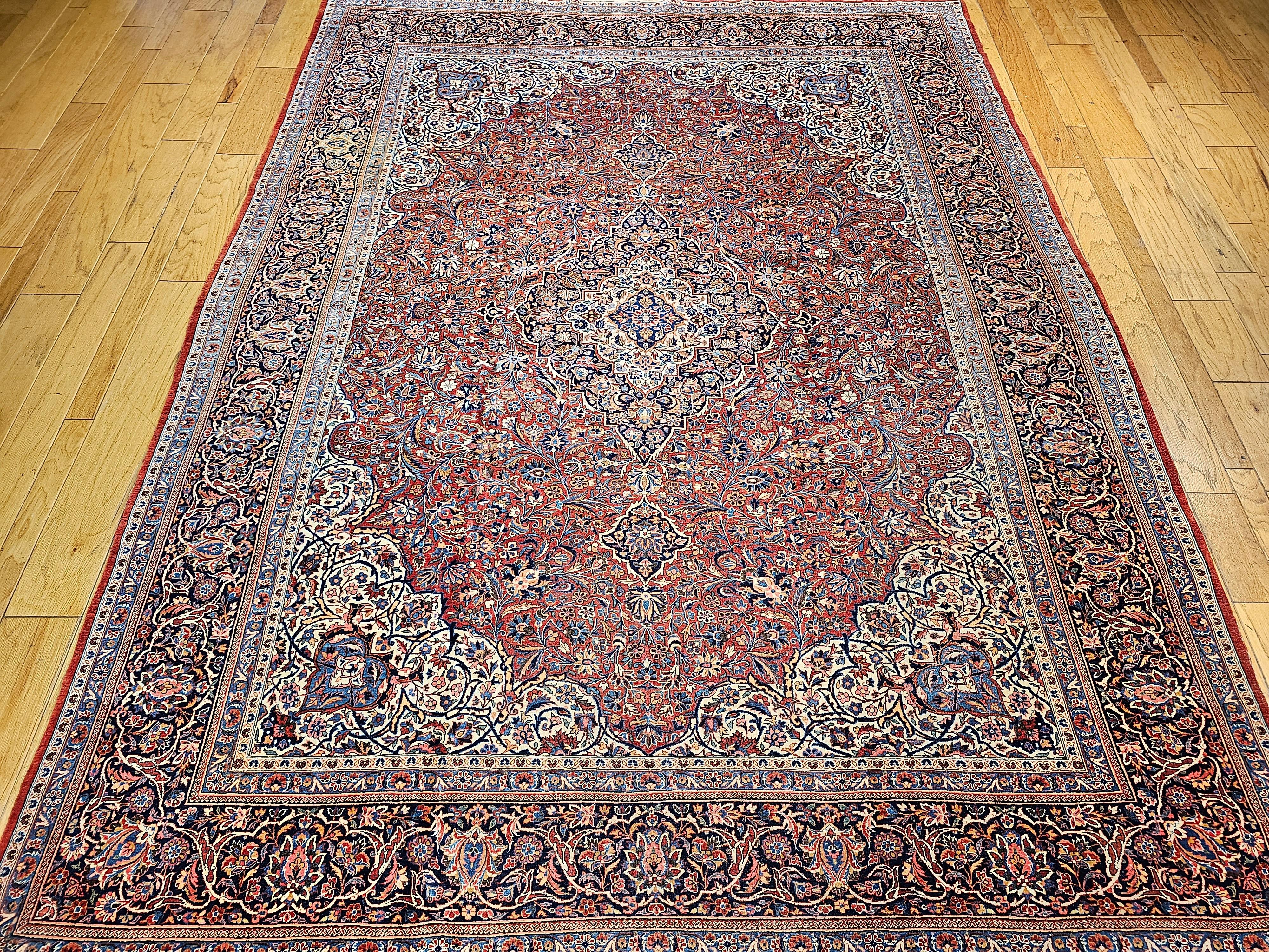 Persischer Kashan des frühen 20. Jahrhunderts in Rot, Elfenbein, Französisch Blau mit Blumenmuster im Angebot 12