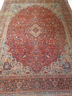 1920s Antique Persian Kashan Rug, Floral Design, Wool on Cotton