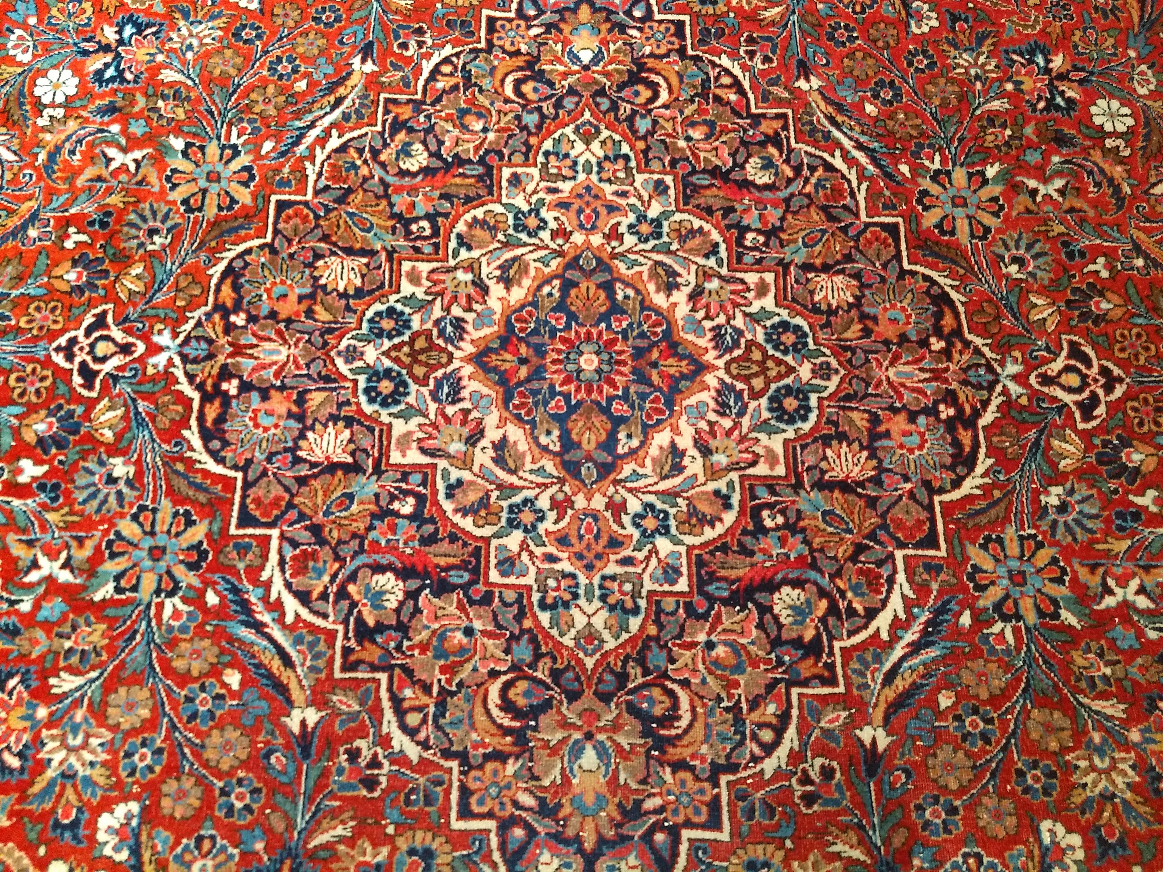 Wool Early 20th Century Persian Kashan in a Floral Pattern in Red, Ivory, French Blue For Sale