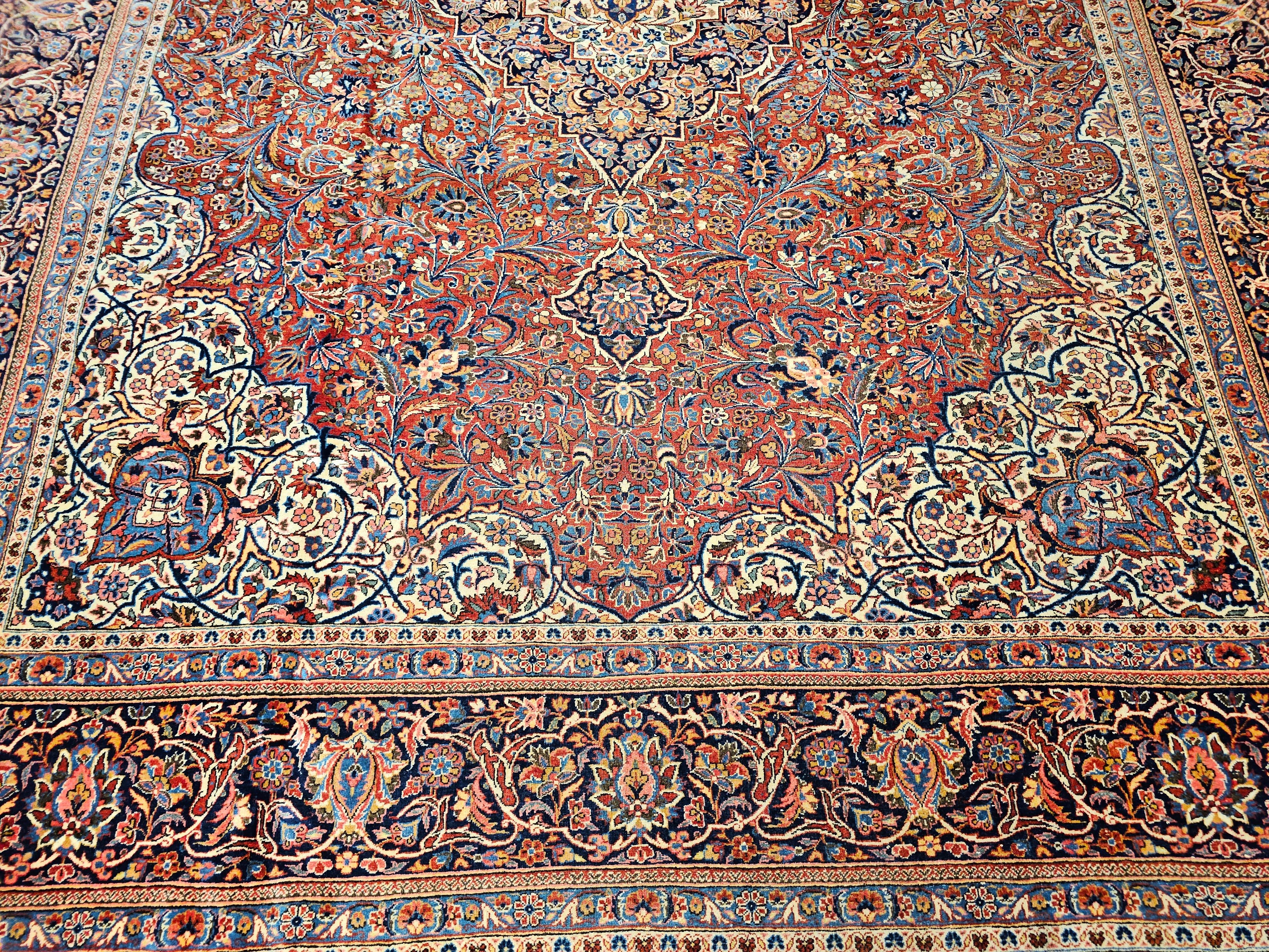 Early 20th Century Persian Kashan in a Floral Pattern in Red, Ivory, French Blue For Sale 2