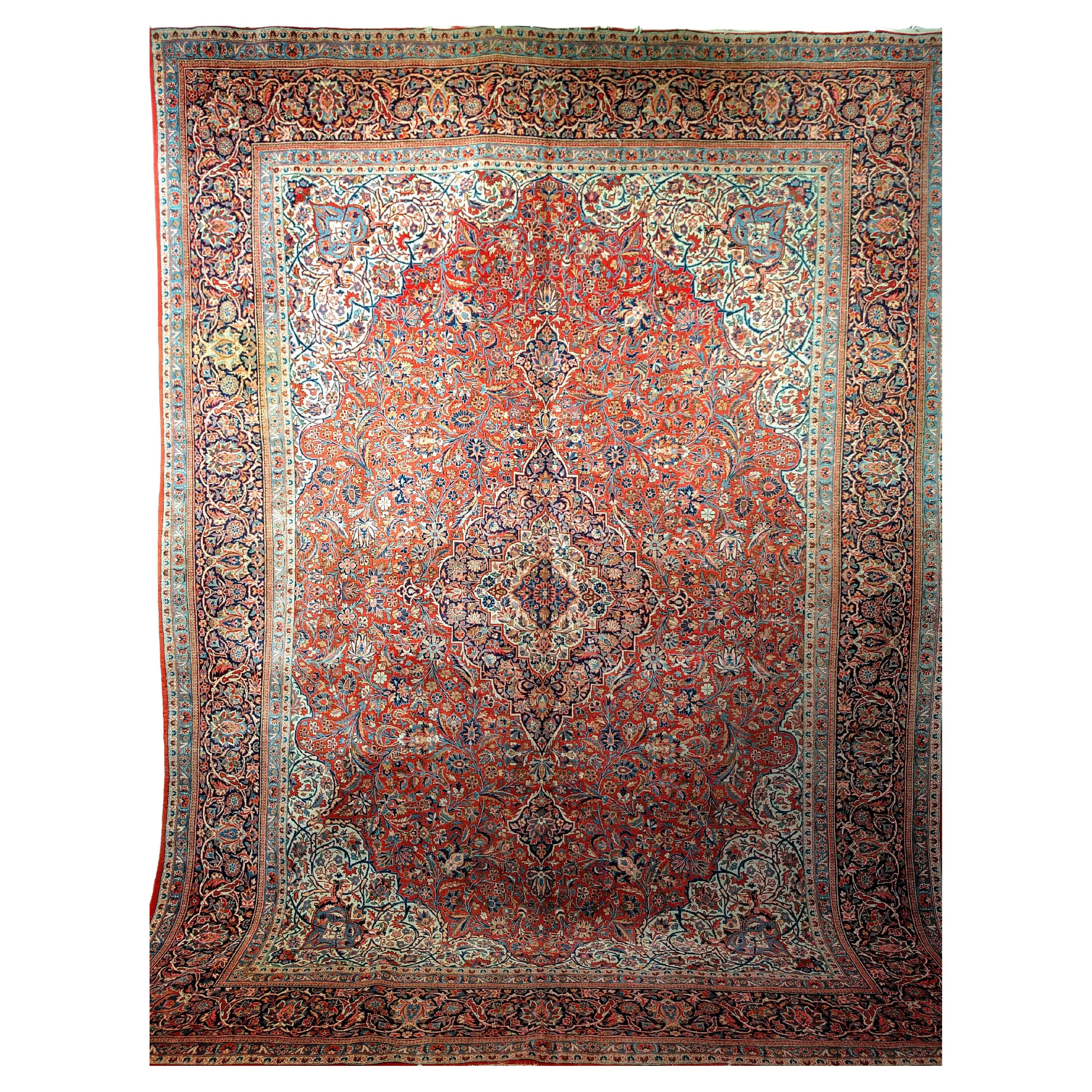 Early 20th Century Persian Kashan in a Floral Pattern in Red, Ivory, French Blue For Sale