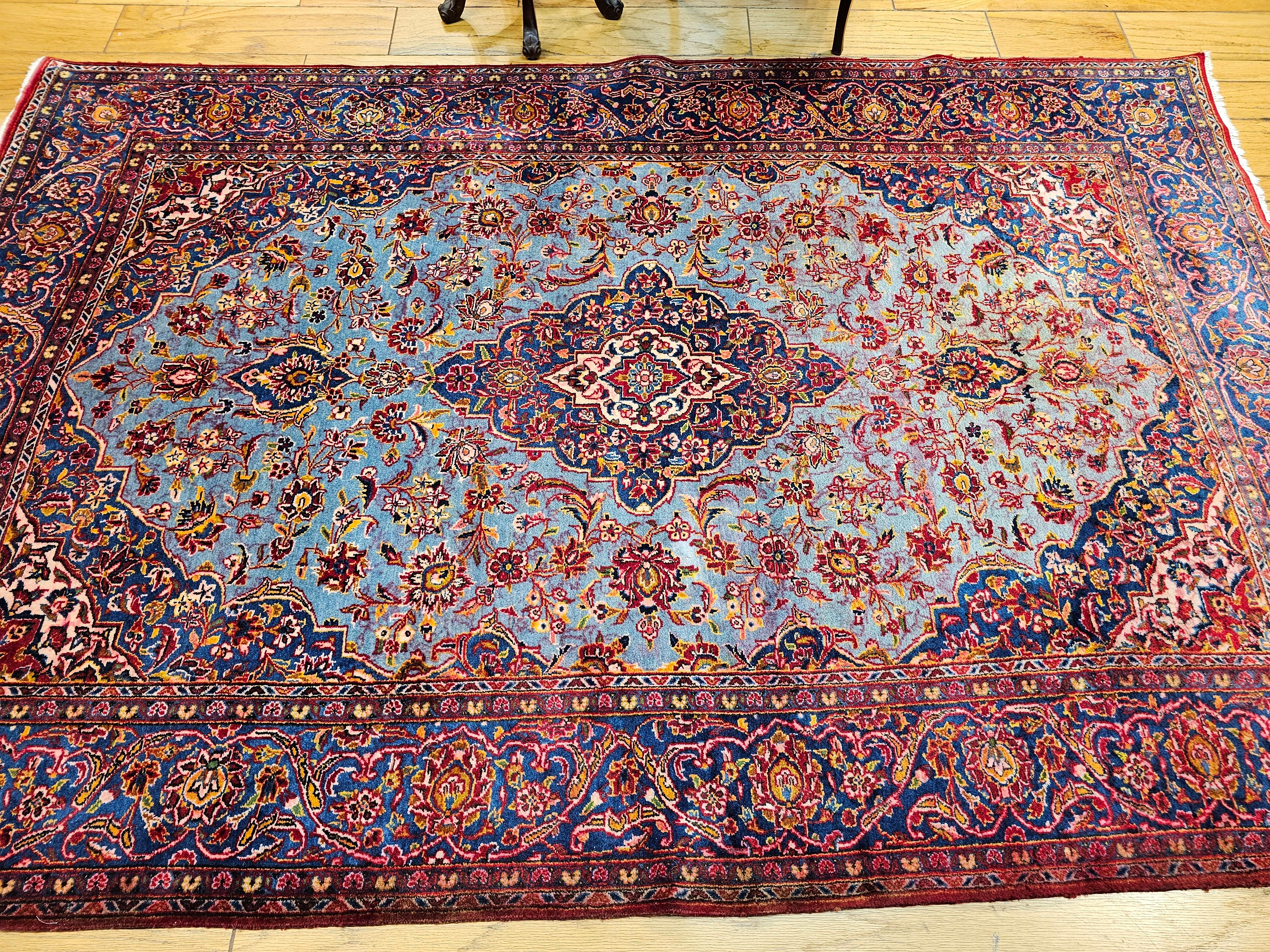 Alfombra Persa Kashan Vintage con motivos florales en color turquesa en venta 7