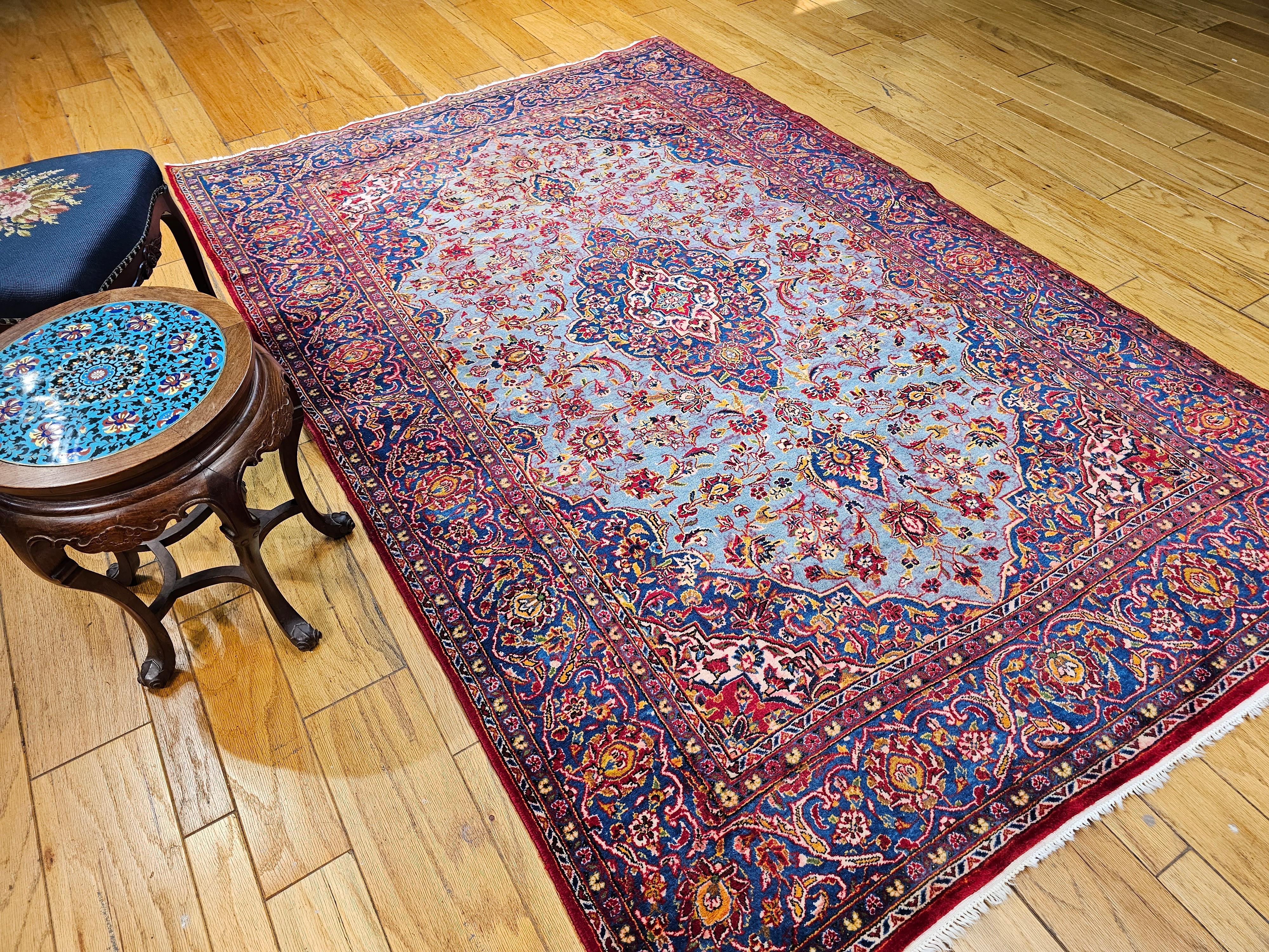 Early 20th Century Persian Kashan in Floral Design in Turquoise, French Blue For Sale 8