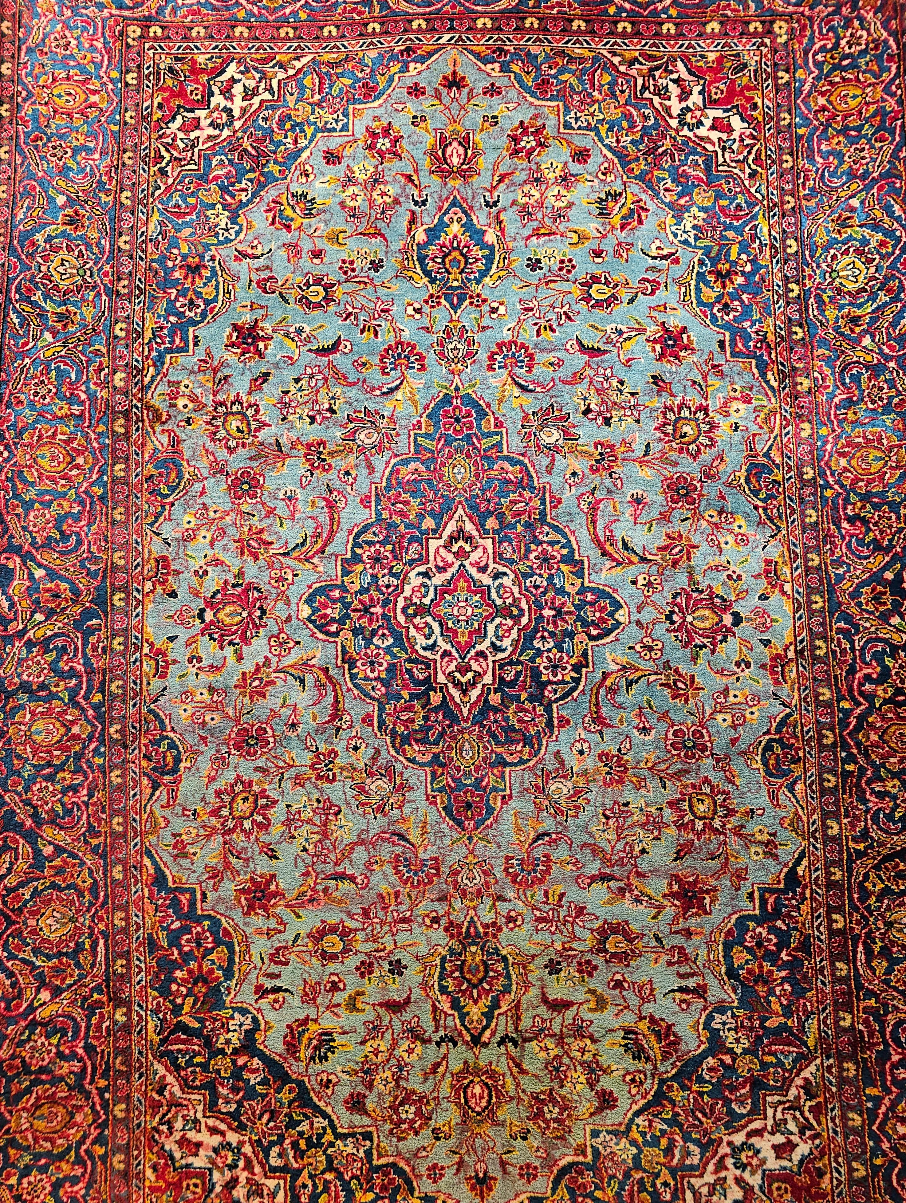 Hand-Woven Early 20th Century Persian Kashan in Floral Design in Turquoise, French Blue For Sale