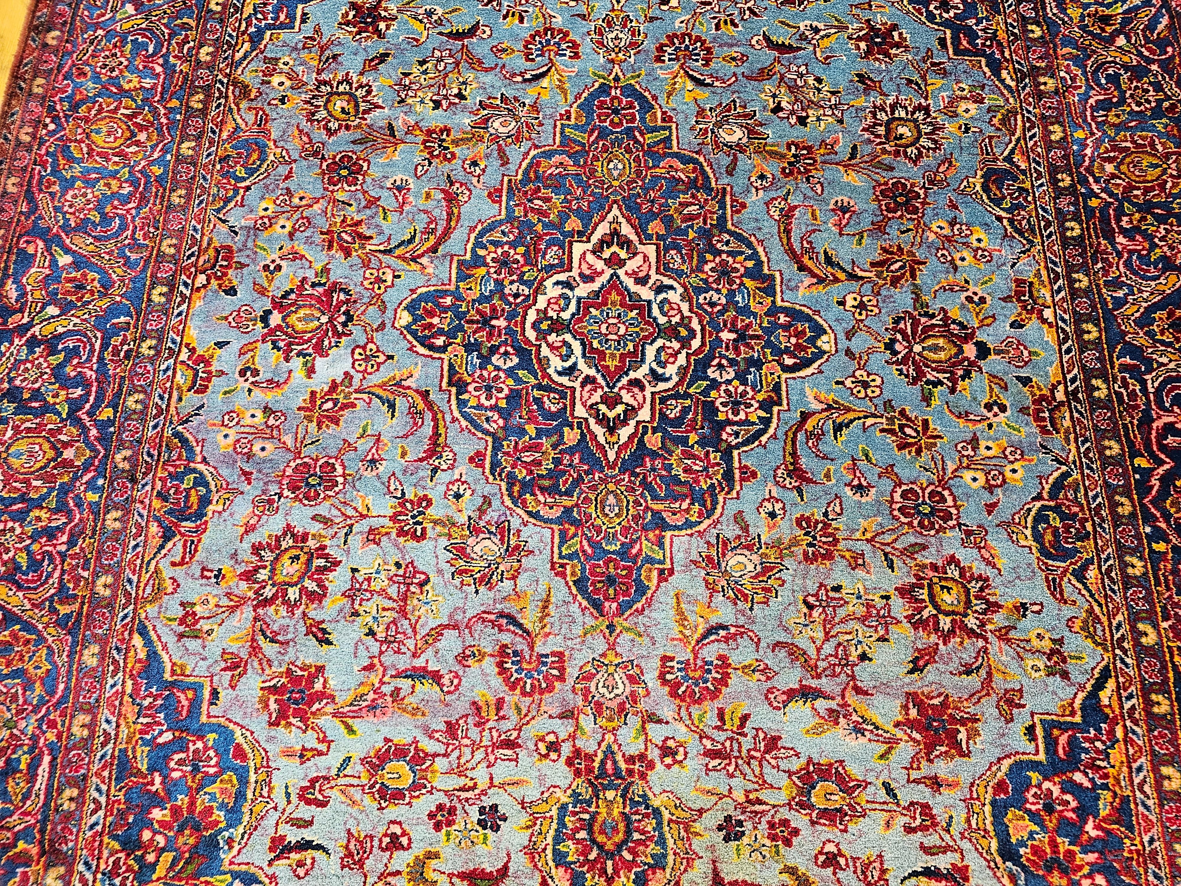 Wool Early 20th Century Persian Kashan in Floral Design in Turquoise, French Blue For Sale