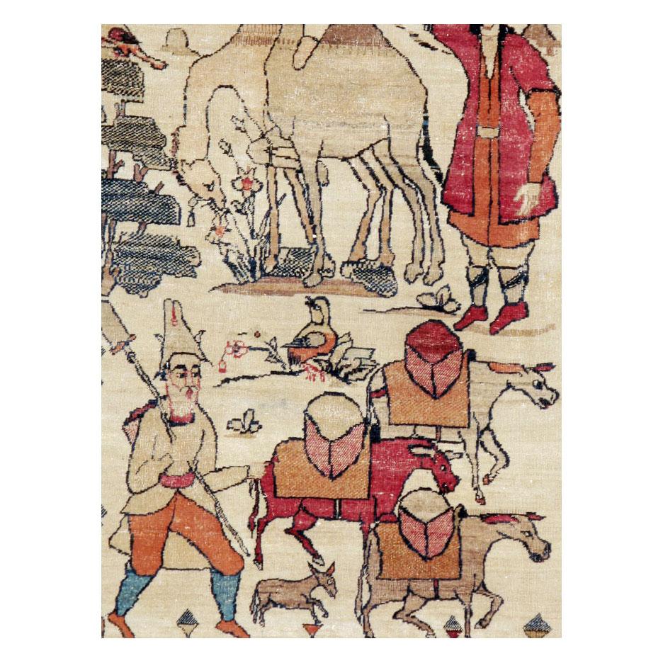 Folk Art Early 20th Century Persian Kerman Pictorial Nomadic Pastoralism Accent Rug For Sale