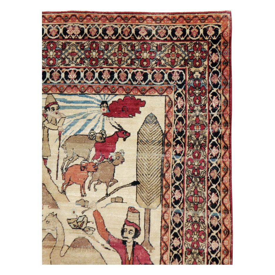 Hand-Knotted Early 20th Century Persian Kerman Pictorial Nomadic Pastoralism Accent Rug For Sale