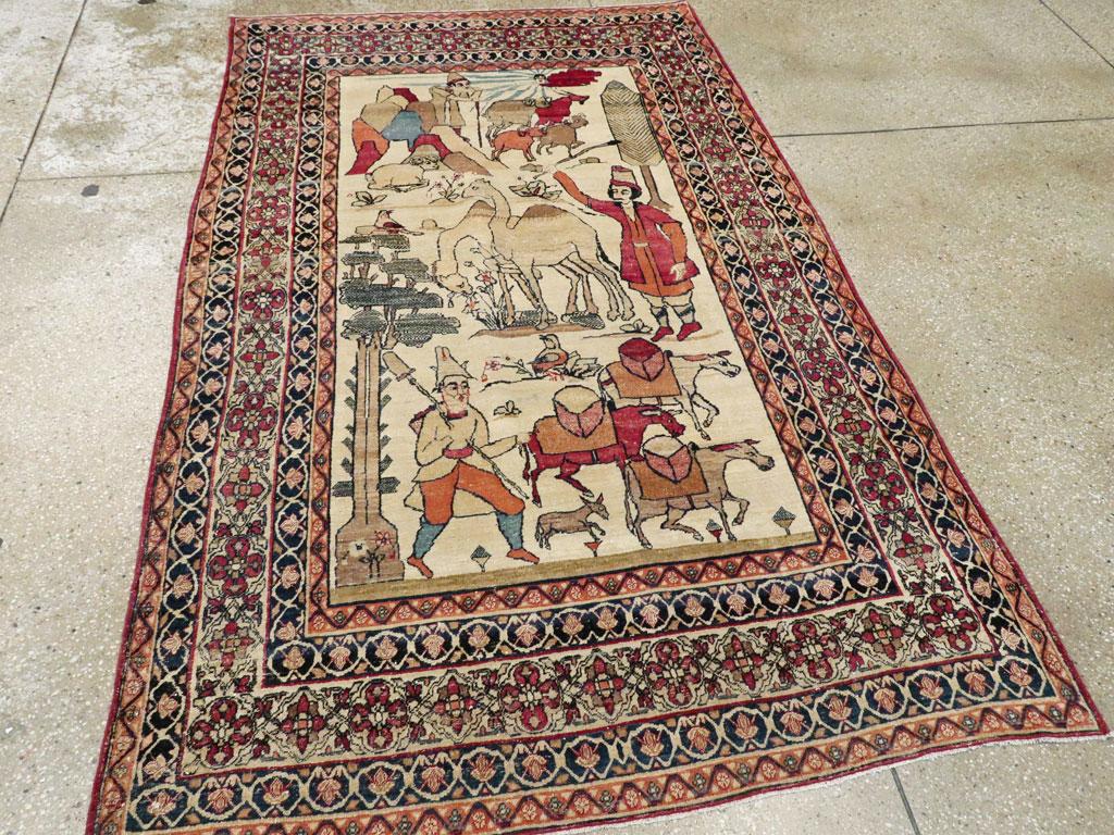 Wool Early 20th Century Persian Kerman Pictorial Nomadic Pastoralism Accent Rug For Sale
