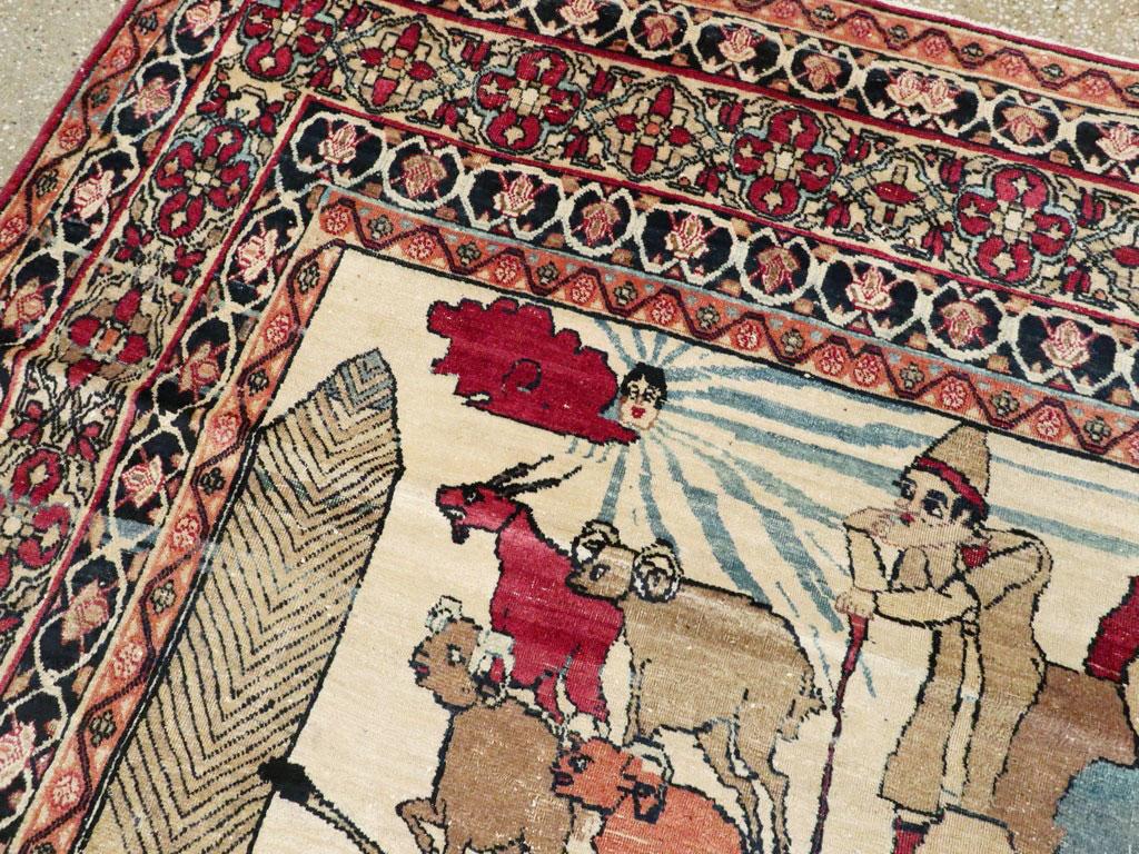 Early 20th Century Persian Kerman Pictorial Nomadic Pastoralism Accent Rug For Sale 1