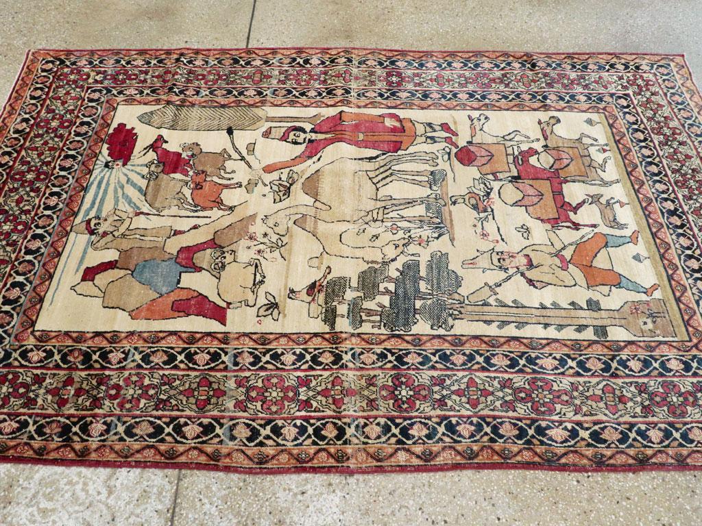 Early 20th Century Persian Kerman Pictorial Nomadic Pastoralism Accent Rug For Sale 3