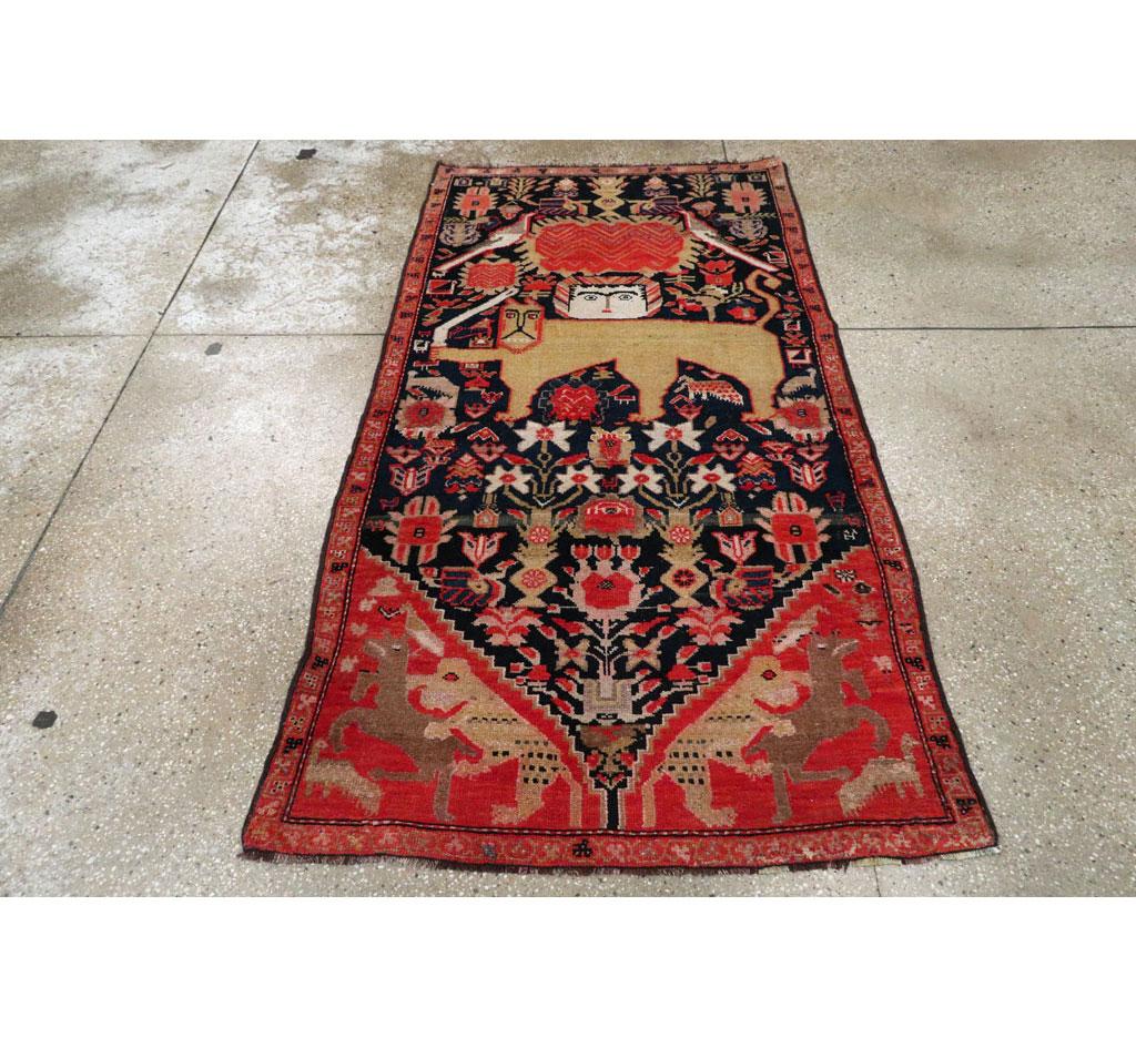 Tribal Early 20th Century Persian Lion with Sword and Sun Pictorial Malayer Throw Rug For Sale