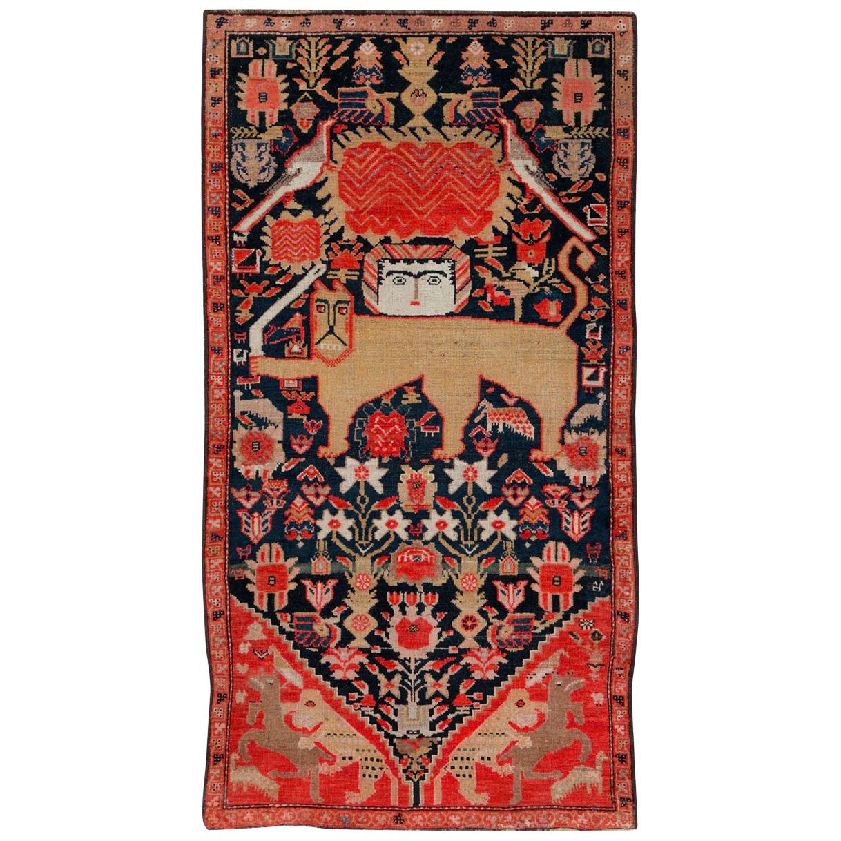 Early 20th Century Persian Lion with Sword and Sun Pictorial Malayer Throw Rug For Sale