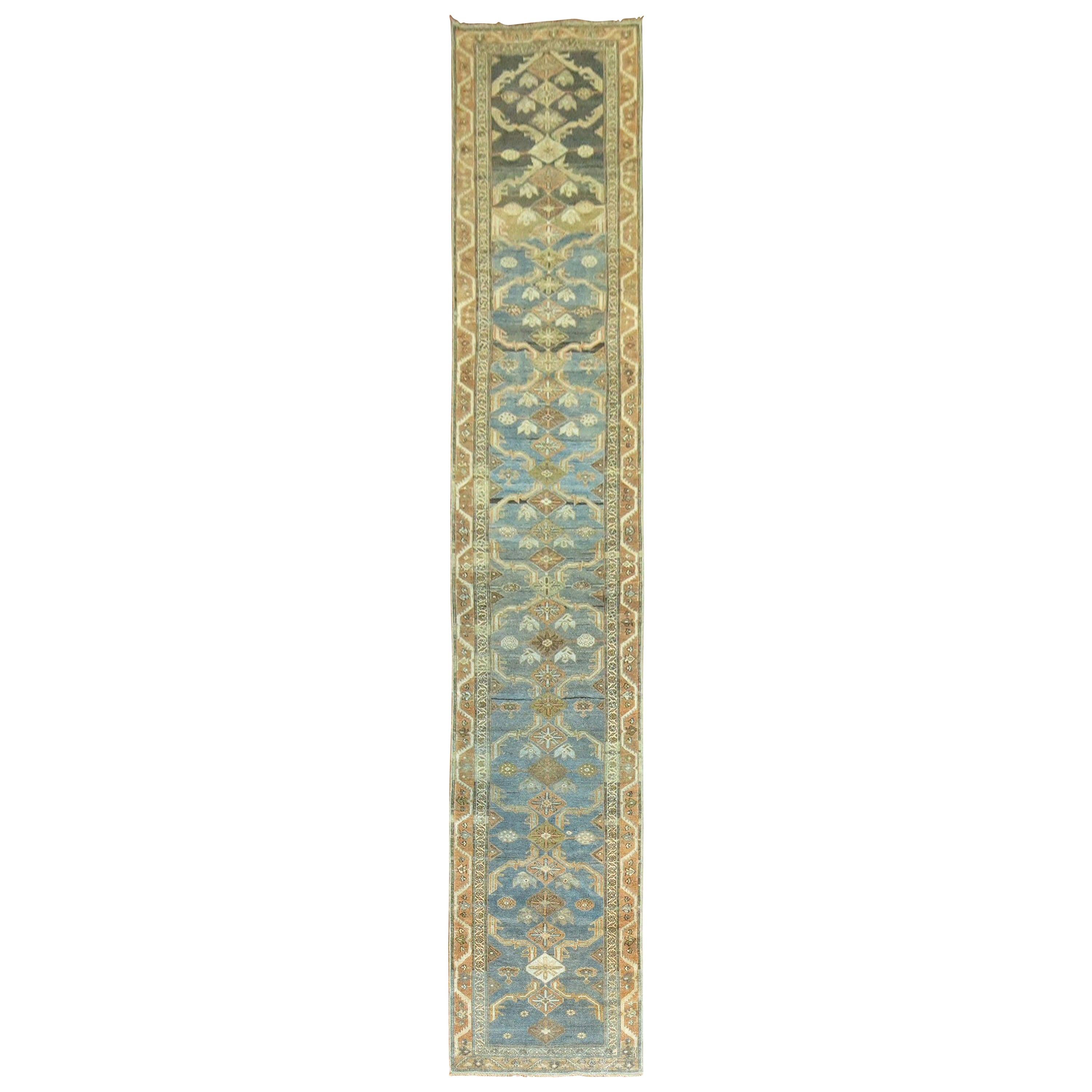 Early 20th Century Persian Malayer Long Runner in Denim Blue and Brown For Sale