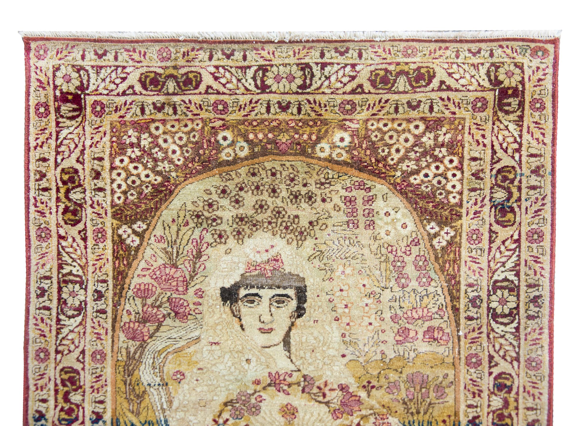 Early 20th Century Persian Pictorial Lavar Kirman Depicting Princess Qajar For Sale 2
