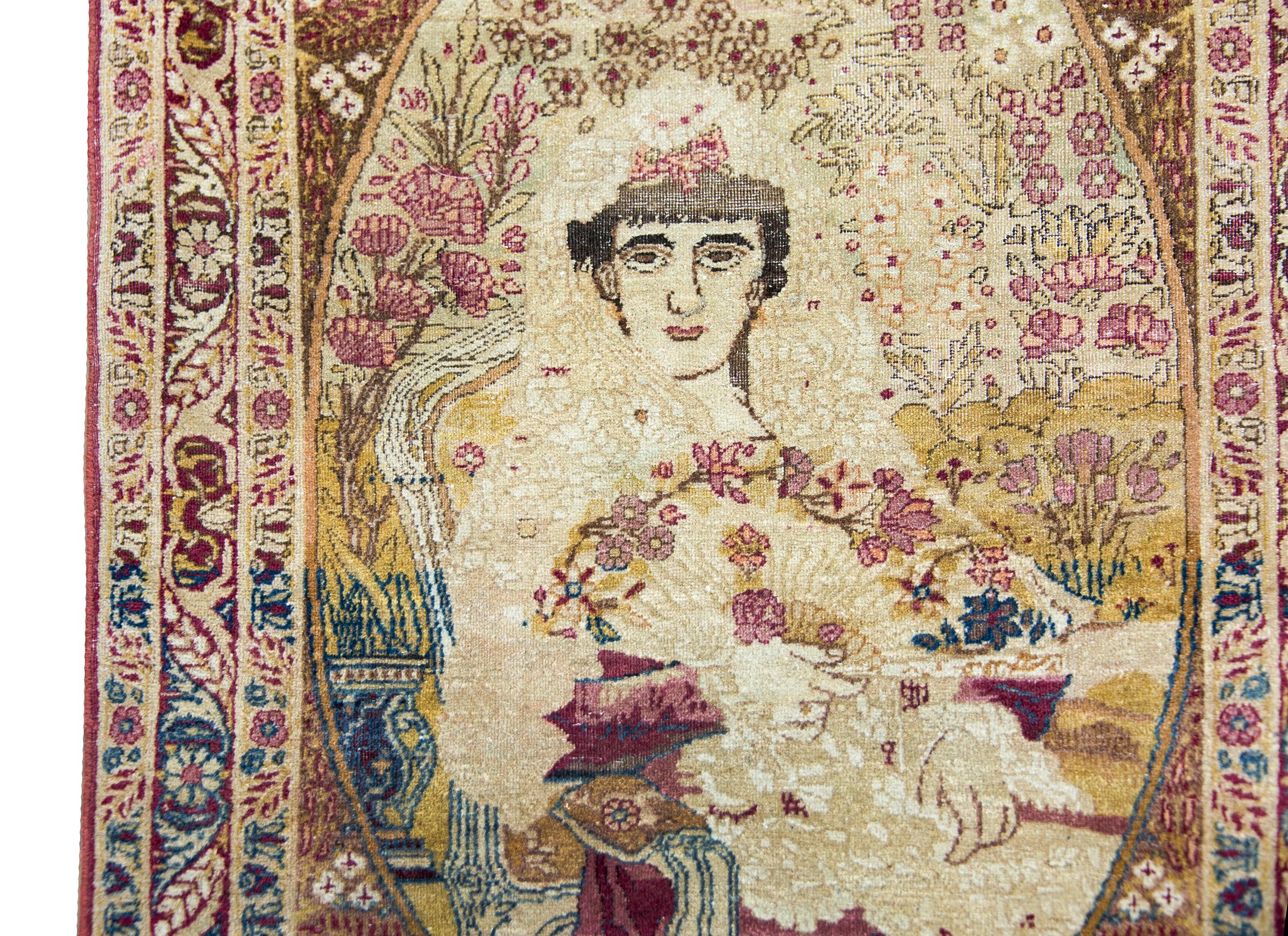 Hand-Knotted Early 20th Century Persian Pictorial Lavar Kirman Depicting Princess Qajar For Sale