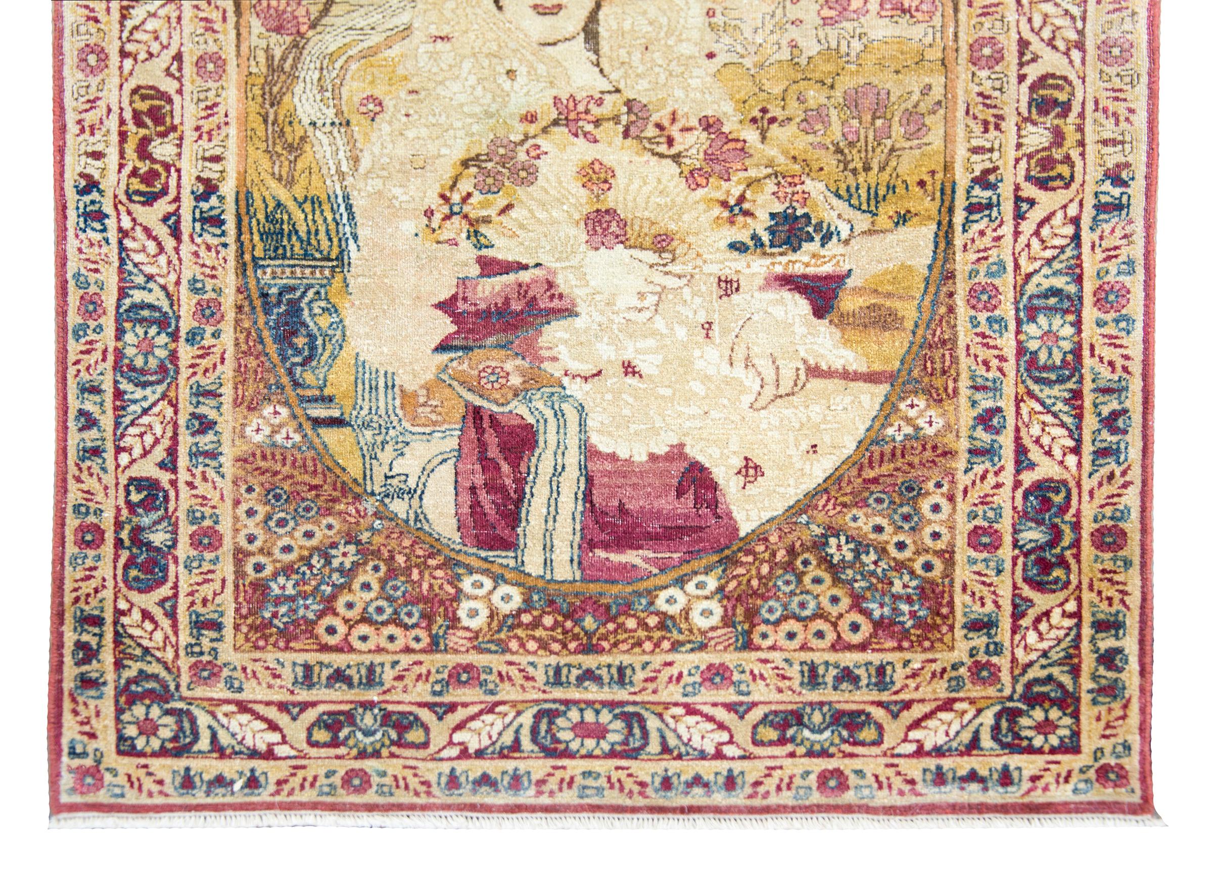Wool Early 20th Century Persian Pictorial Lavar Kirman Depicting Princess Qajar For Sale