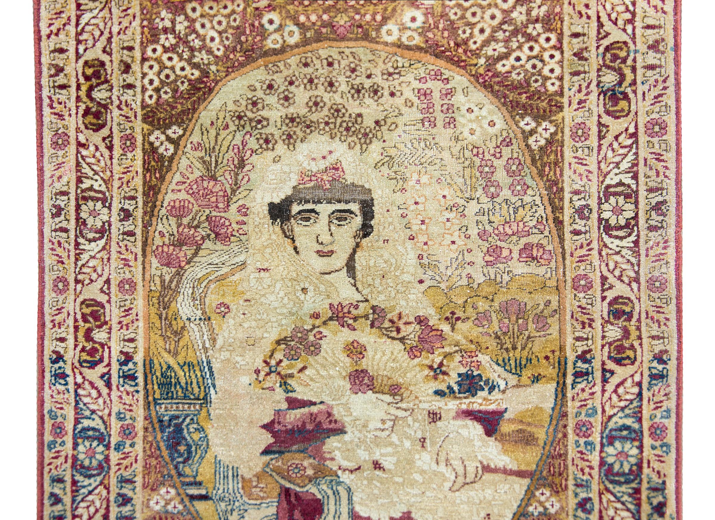 Early 20th Century Persian Pictorial Lavar Kirman Depicting Princess Qajar For Sale 1
