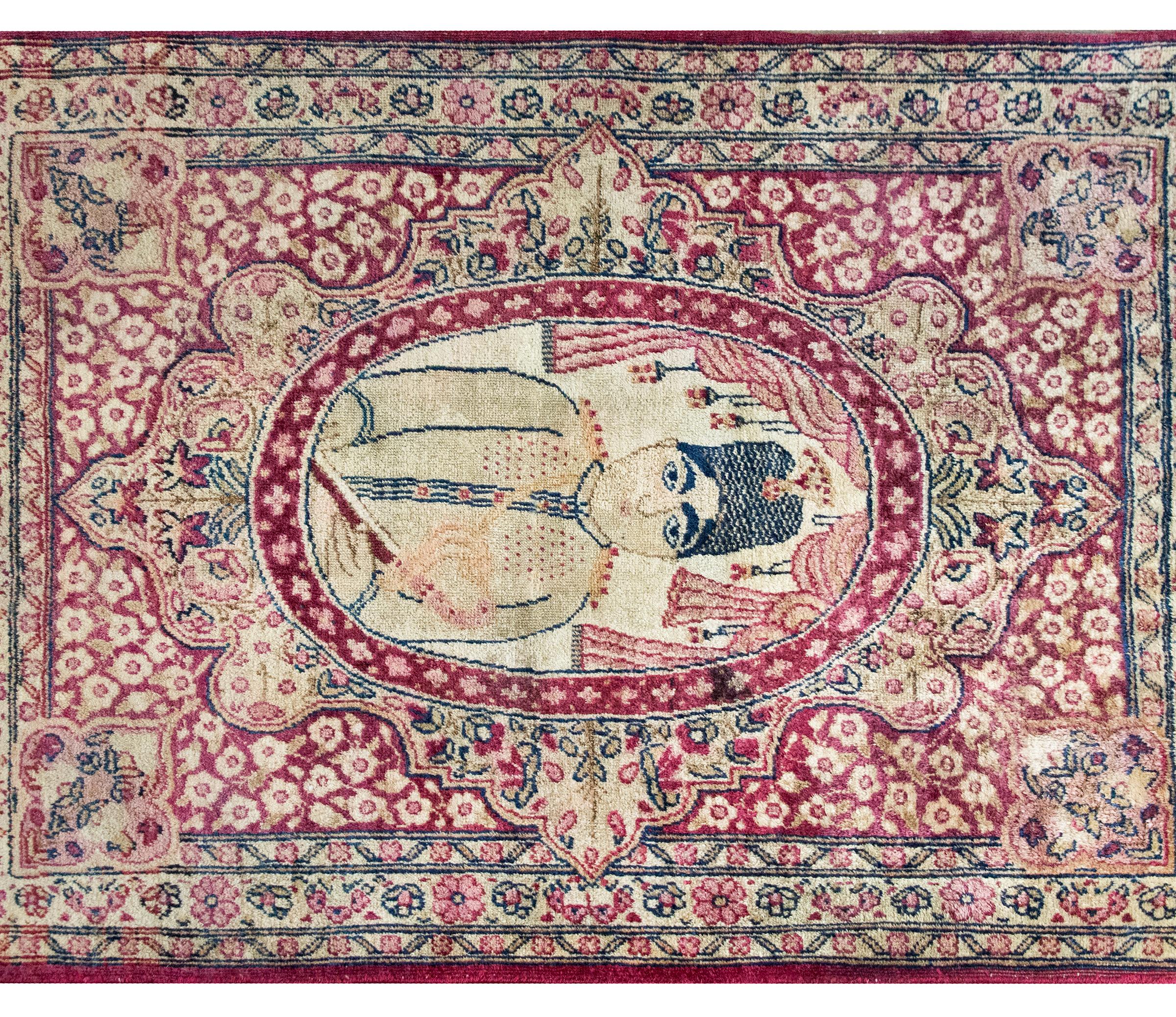 Hand-Knotted Early 20th Century Persian Pictorial Lavar Kirman Rug For Sale