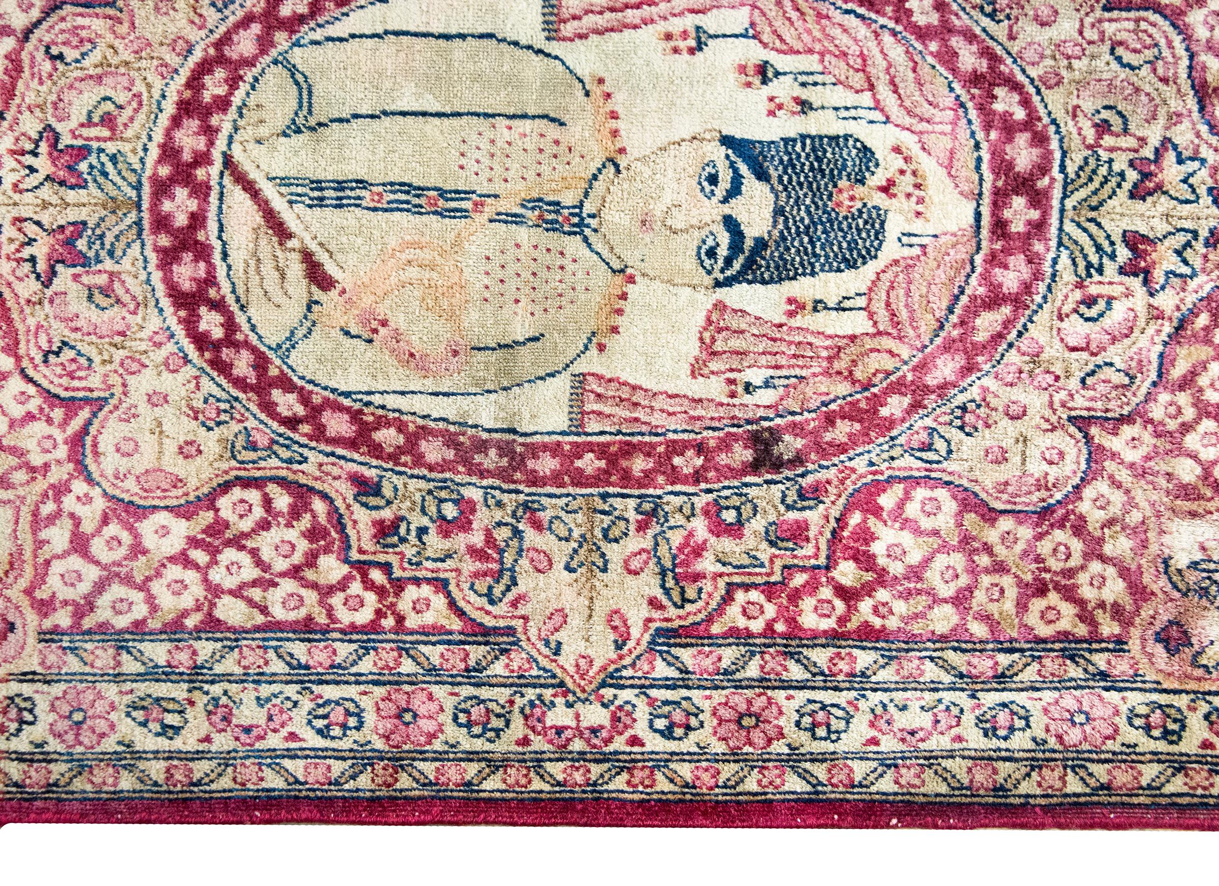 Early 20th Century Persian Pictorial Lavar Kirman Rug In Good Condition For Sale In Chicago, IL