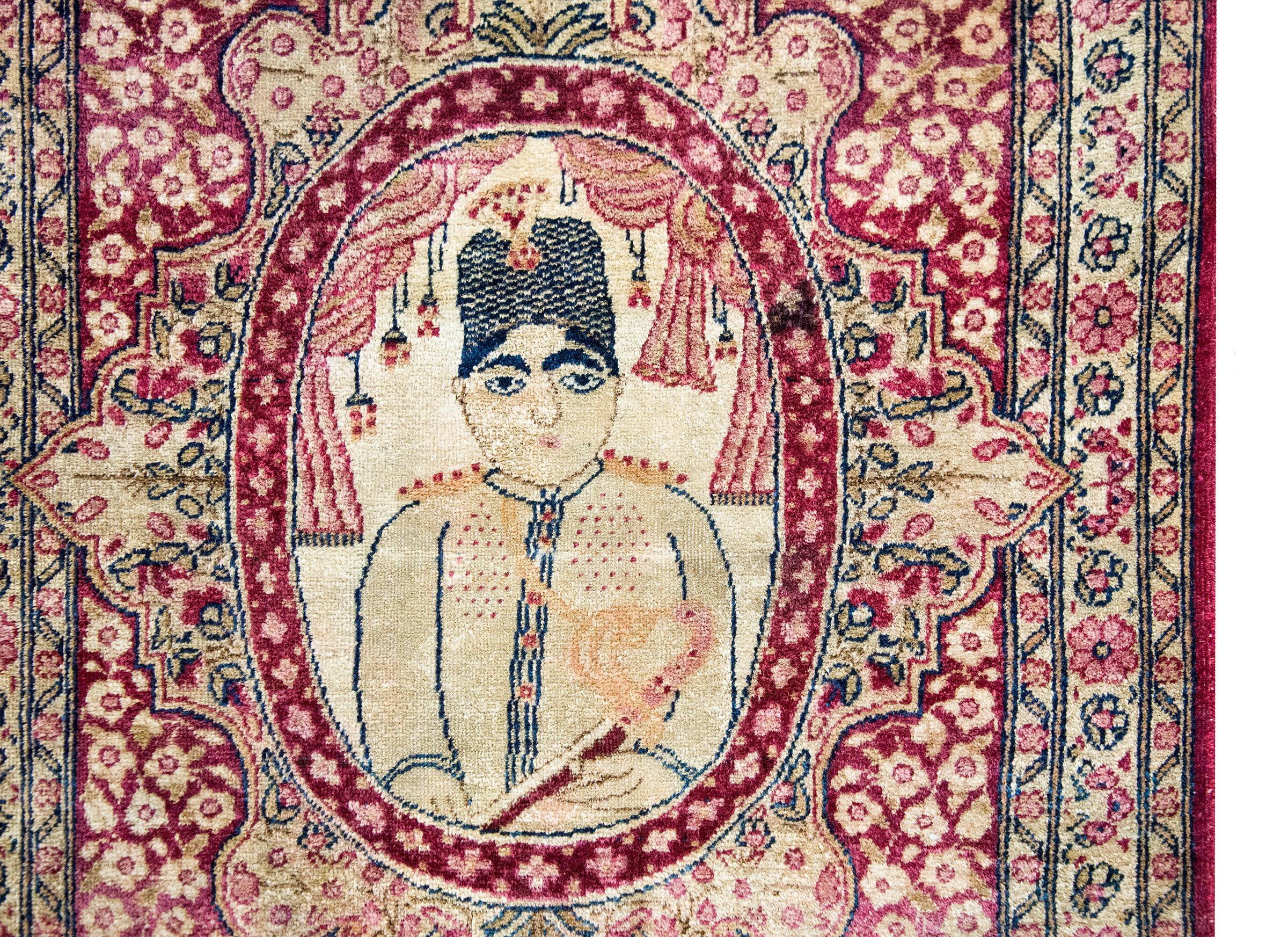 Wool Early 20th Century Persian Pictorial Lavar Kirman Rug For Sale
