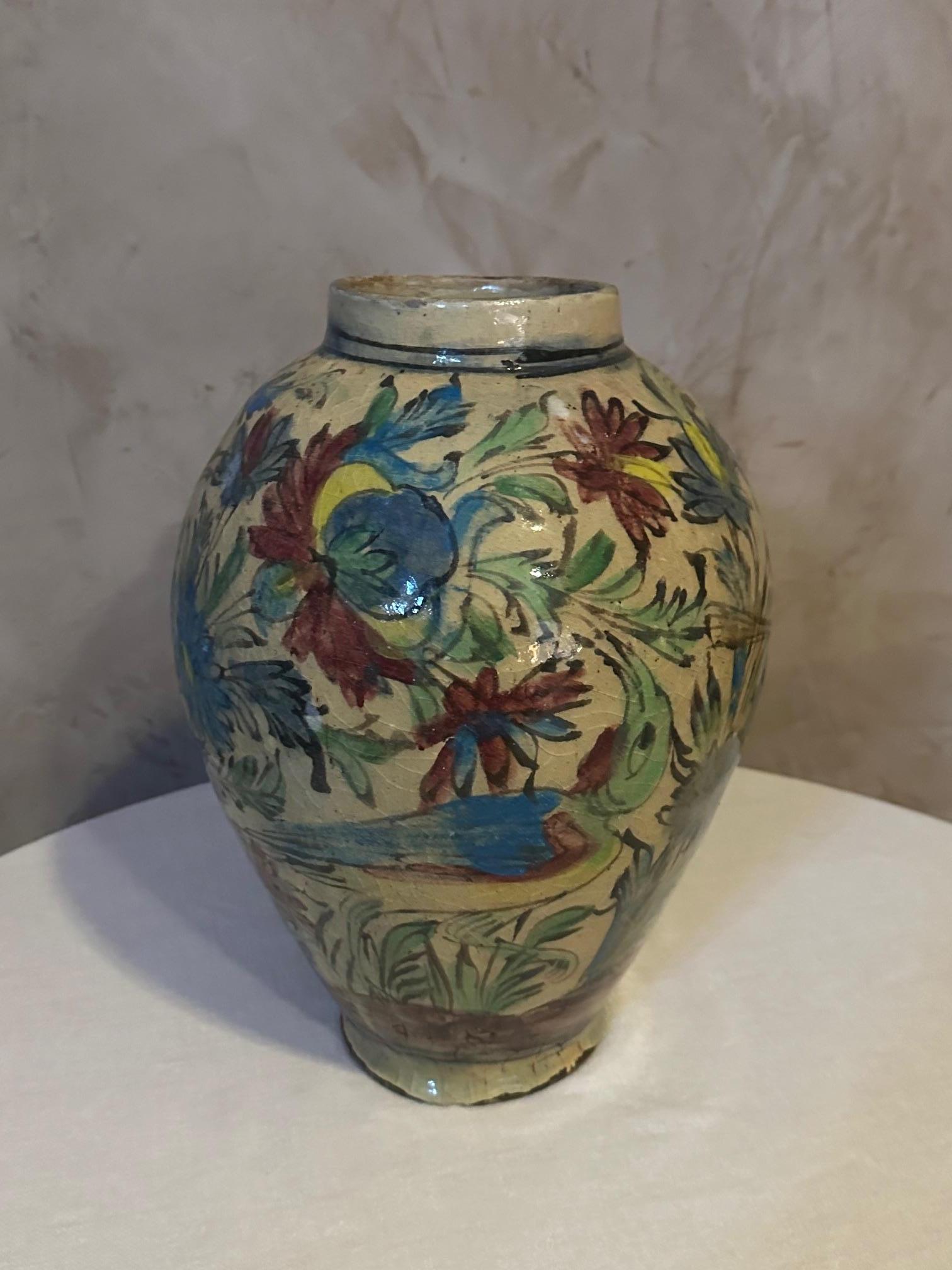 Polychromed Early 20th century Persian Qajar-Dynasty Pottery Vase, 1900s For Sale