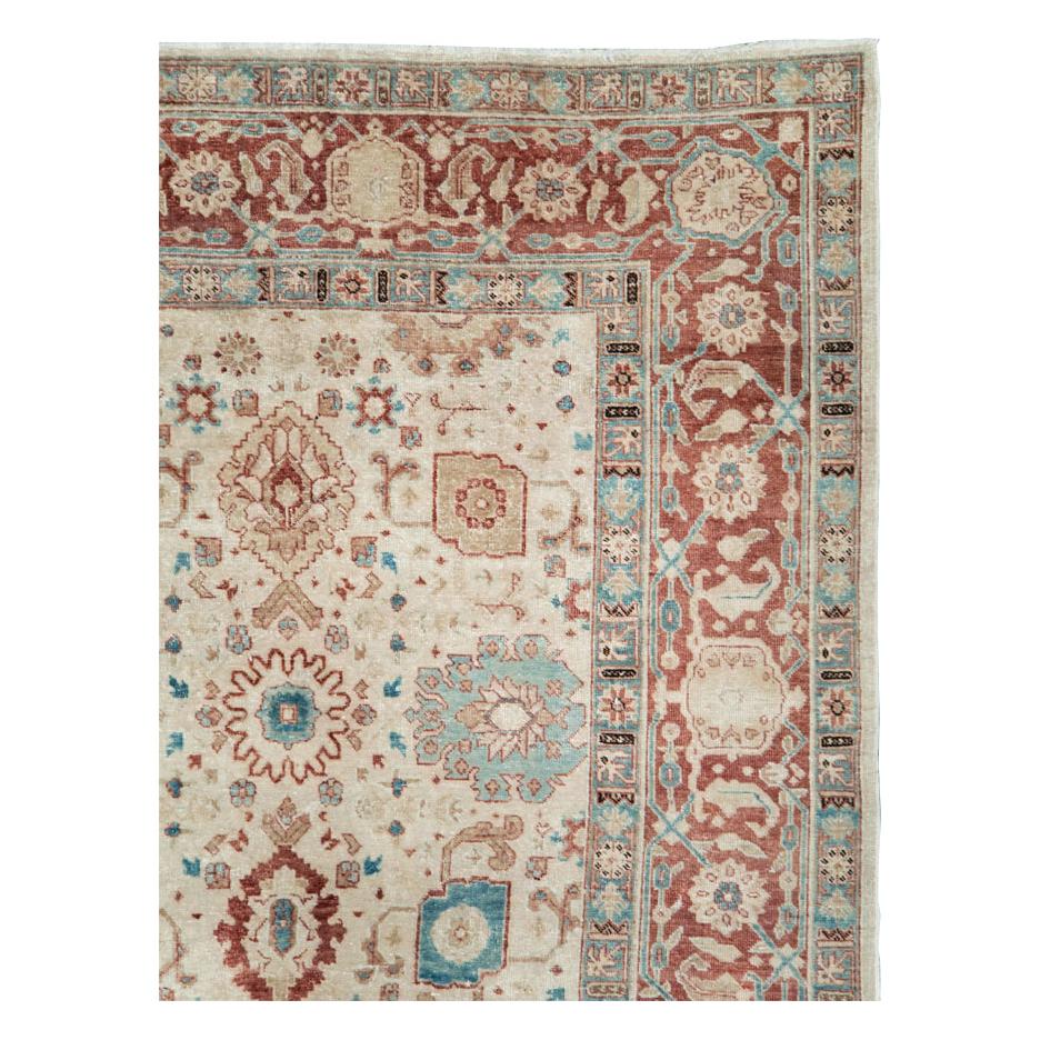 Rustic Early 20th Century Persian Room Size Carpet in Cream, Brick Red, & Blue-Green