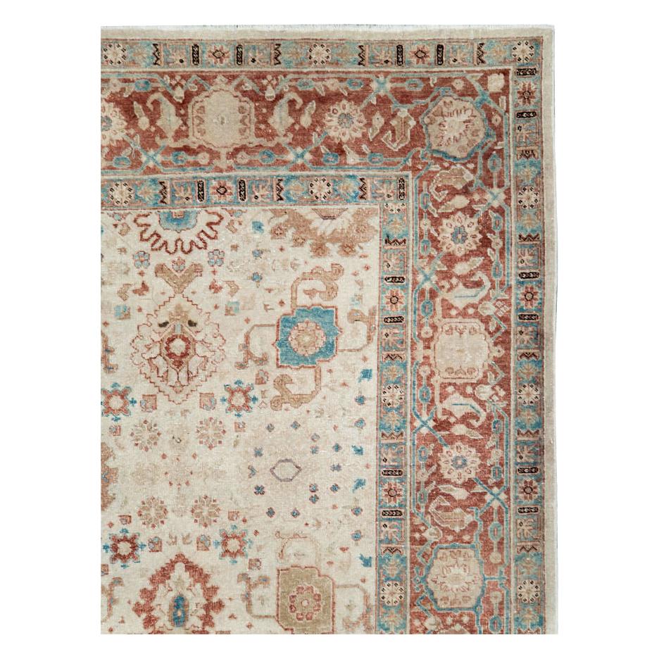 Hand-Knotted Early 20th Century Persian Room Size Carpet in Cream, Brick Red, & Blue-Green