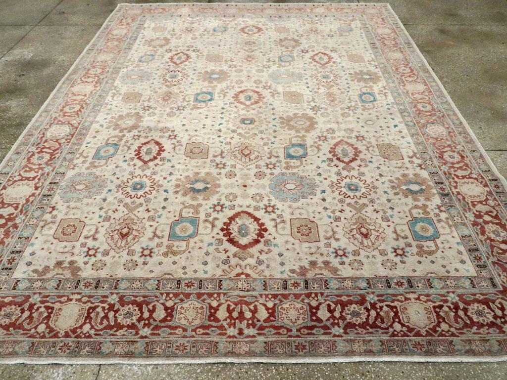 Early 20th Century Persian Room Size Carpet in Cream, Brick Red, & Blue-Green In Excellent Condition In New York, NY
