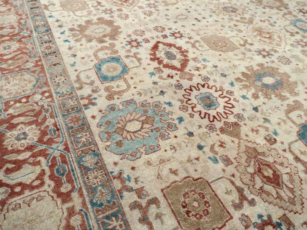 Wool Early 20th Century Persian Room Size Carpet in Cream, Brick Red, & Blue-Green