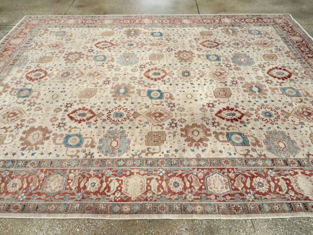 Early 20th Century Persian Room Size Carpet in Cream, Brick Red, & Blue-Green 1