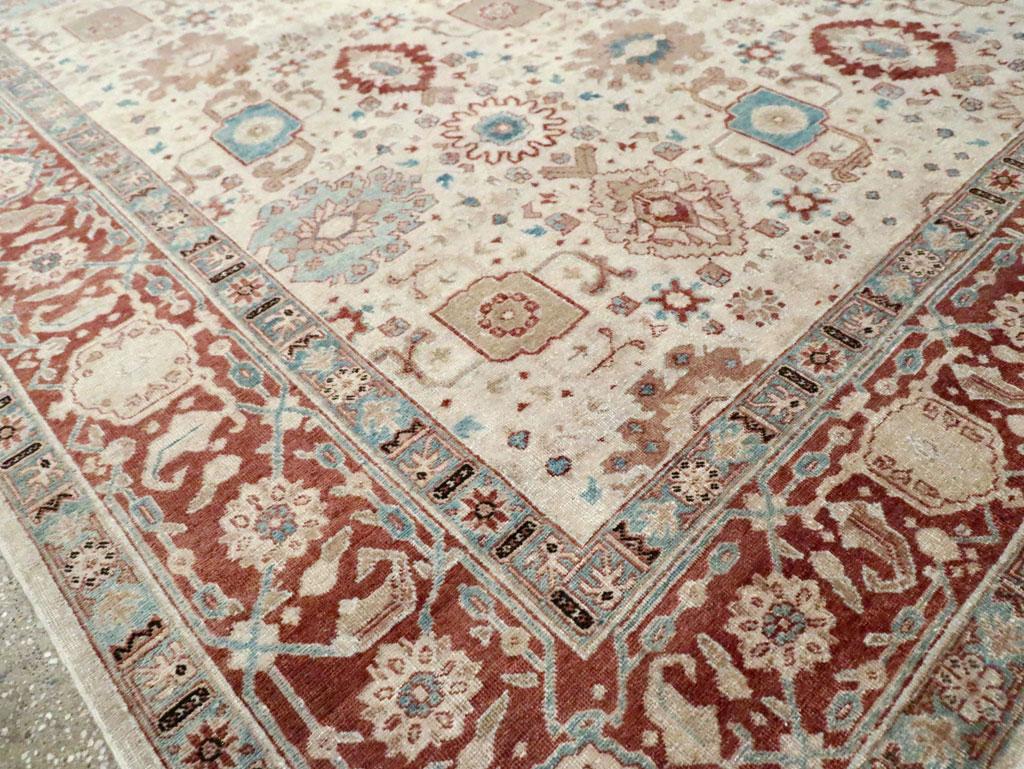 Early 20th Century Persian Room Size Carpet in Cream, Brick Red, & Blue-Green 3