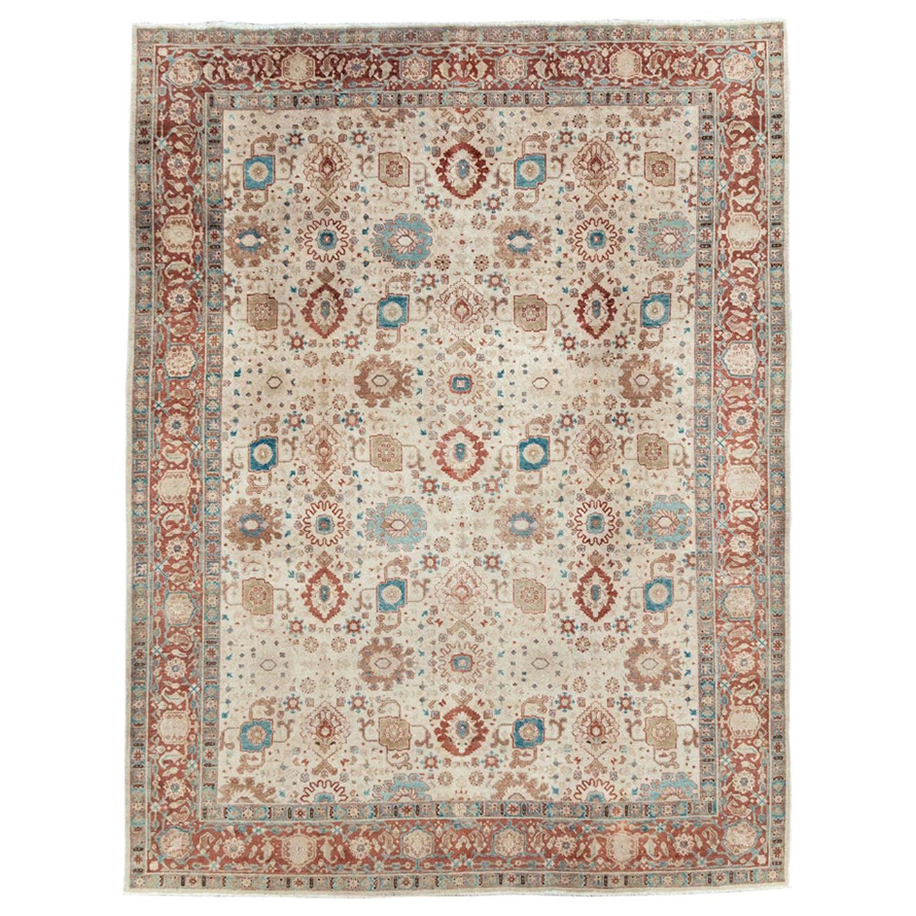 Early 20th Century Persian Room Size Carpet in Cream, Brick Red, & Blue-Green