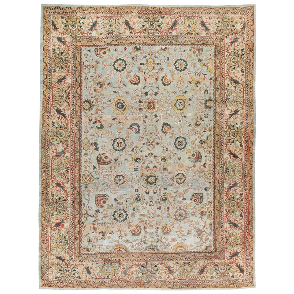 Early 20th Century Persian Sultanabad Room Size Carpet In Light Blue and Beige