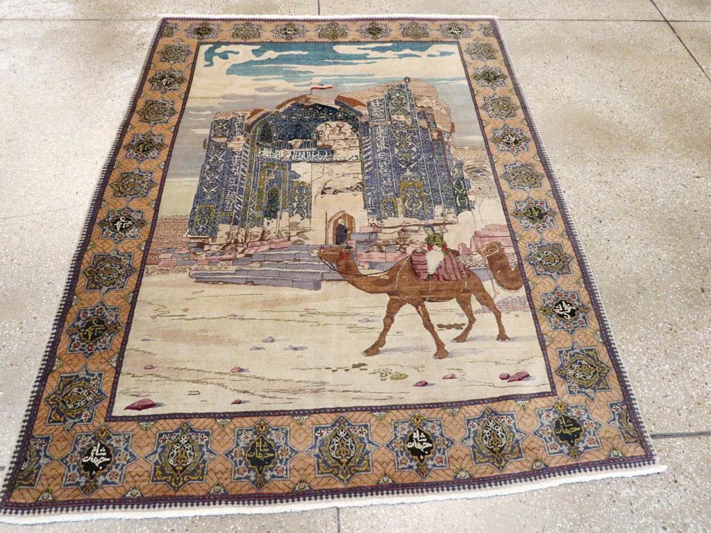 Folk Art Early 20th Century Persian Tabriz Pictorial Accent Rug For Sale